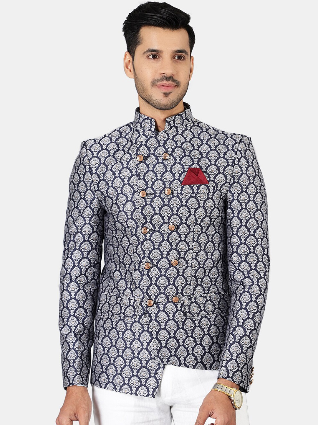 

Wintage Men Navy Blue Banarasi Bandhgala Blazers