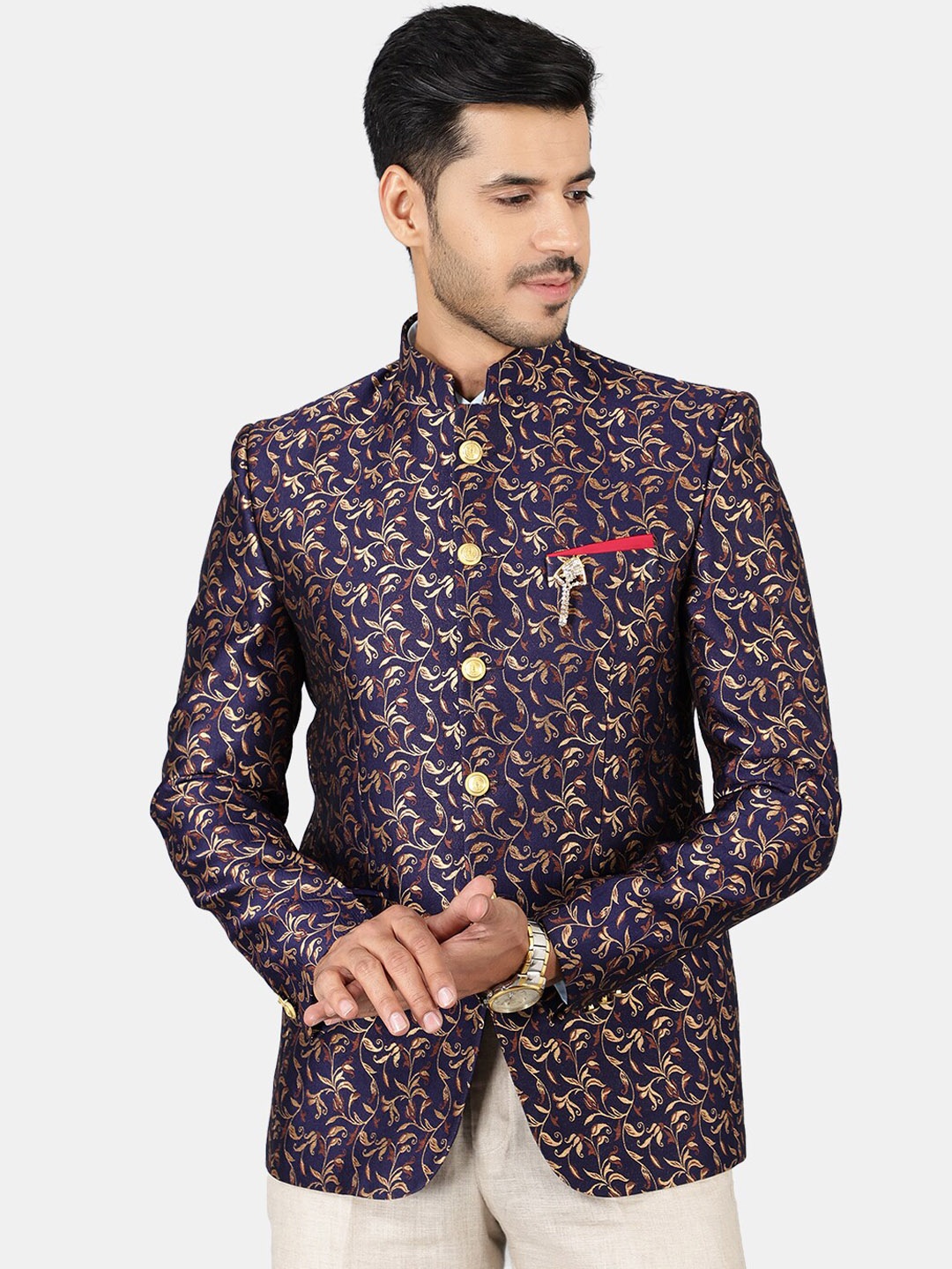 

Wintage Men Navy Blue Printed Bandhgala Blazers