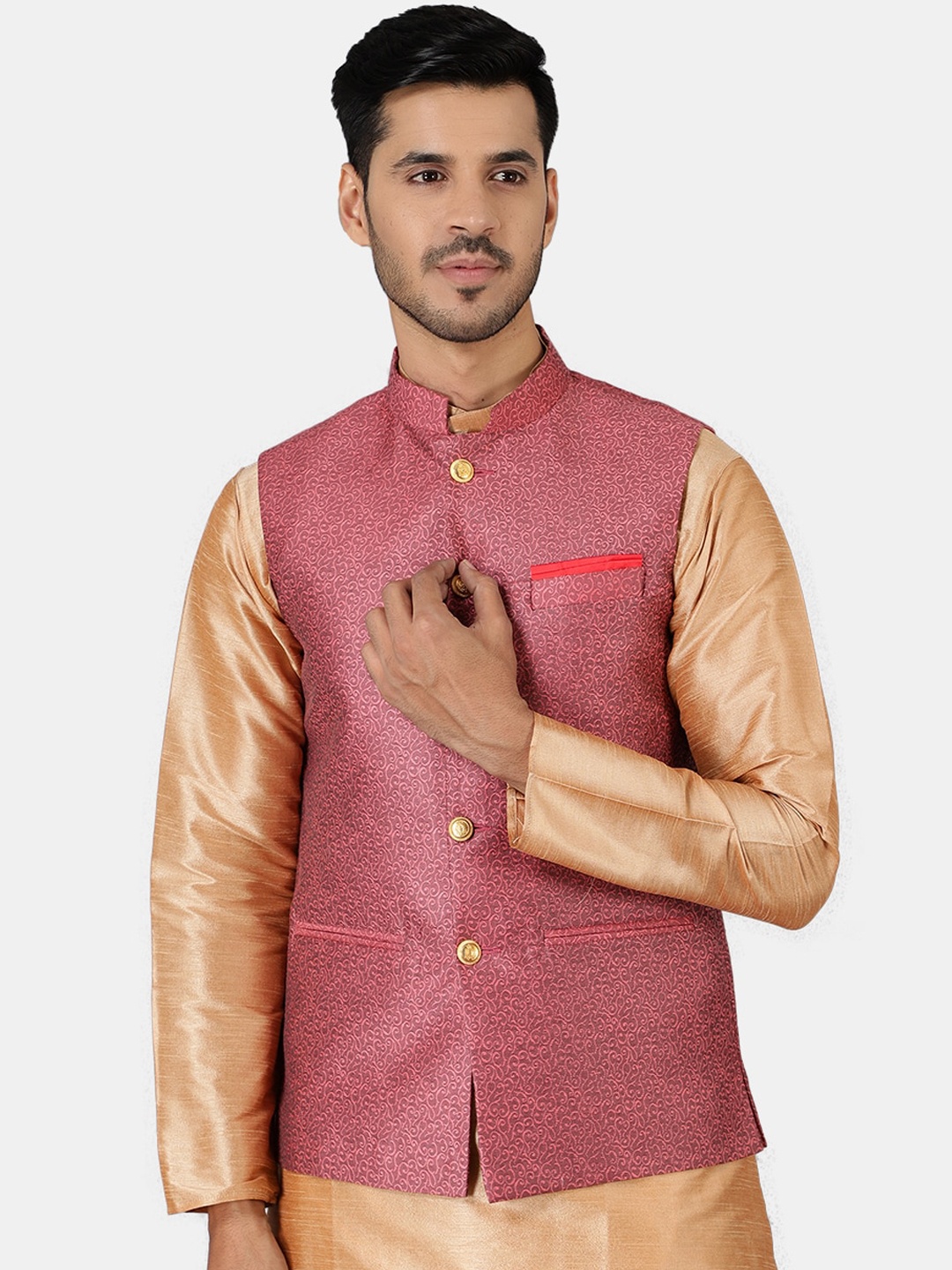 

Wintage Men Red Printed Banarasi Nehru Jacket