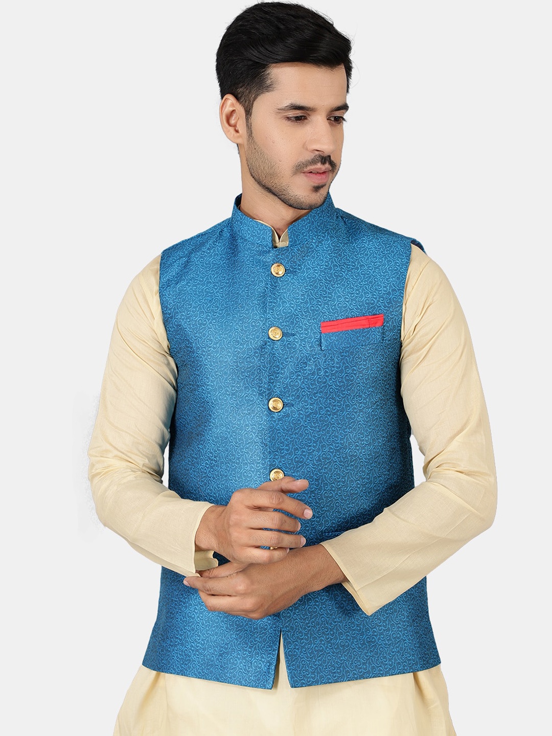 

Wintage Men Blue Woven-Design Nehru Jackets