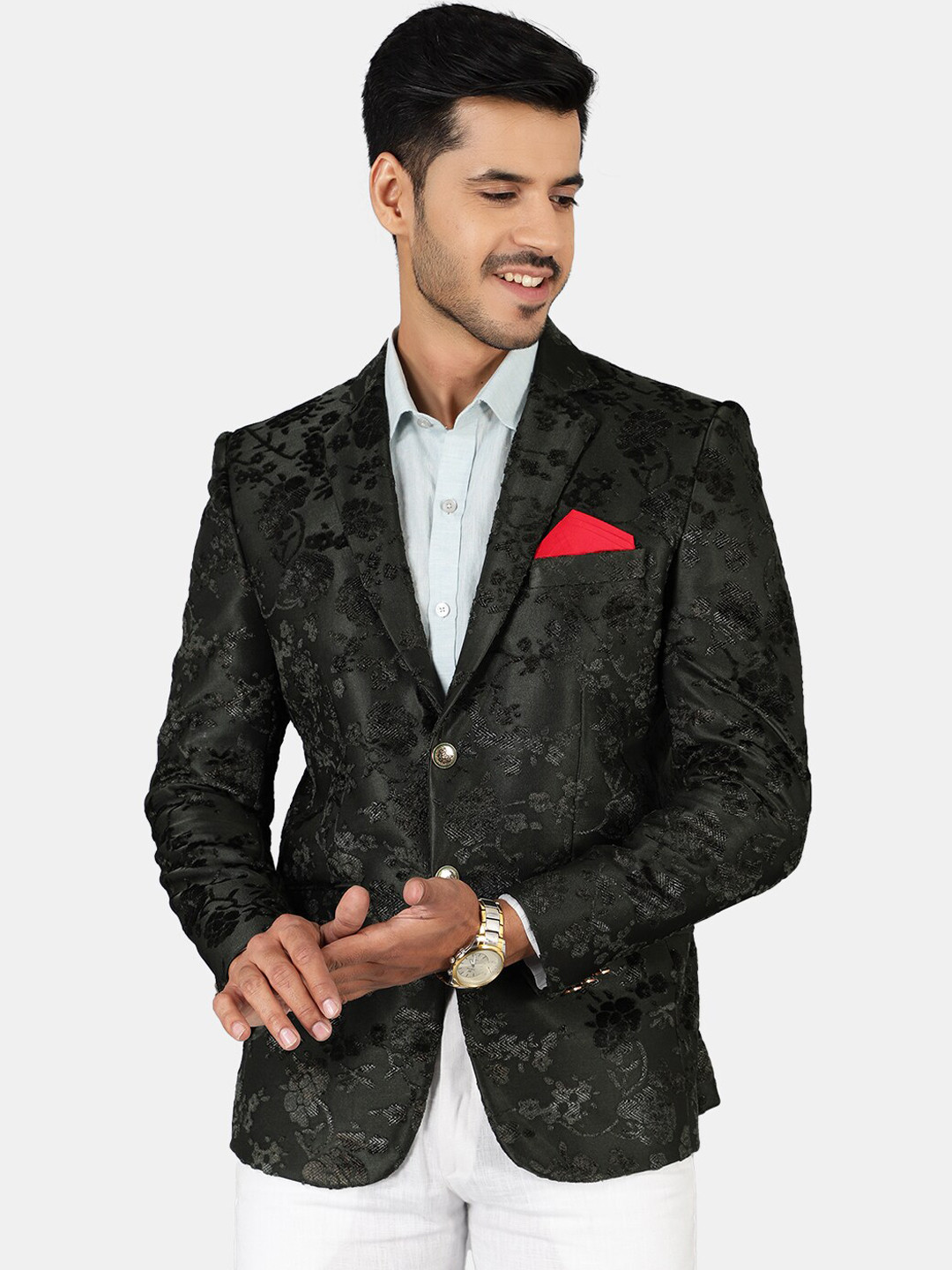 

Wintage Men Green Embroidered Velvet Single-Breasted Blazer