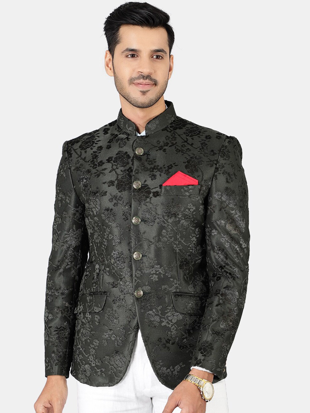 

Wintage Men Green Single-Breasted Bandhgala Blazer