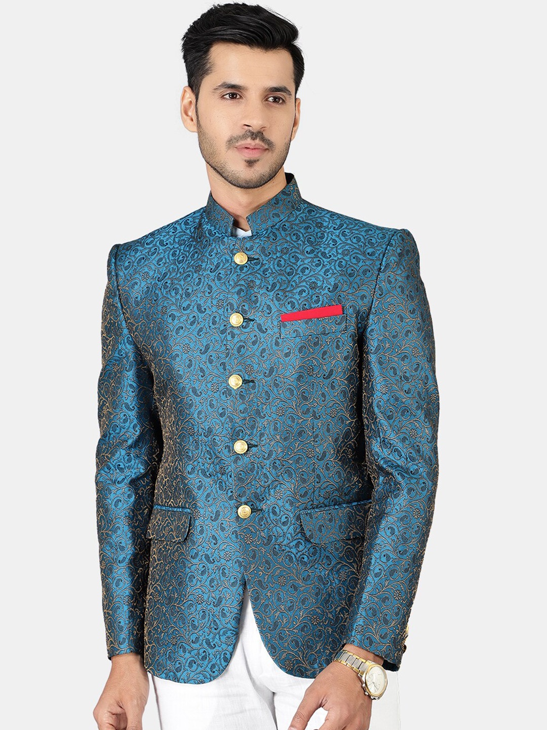 

Wintage Men Teal Green Banarasi Bandhgala Blazer