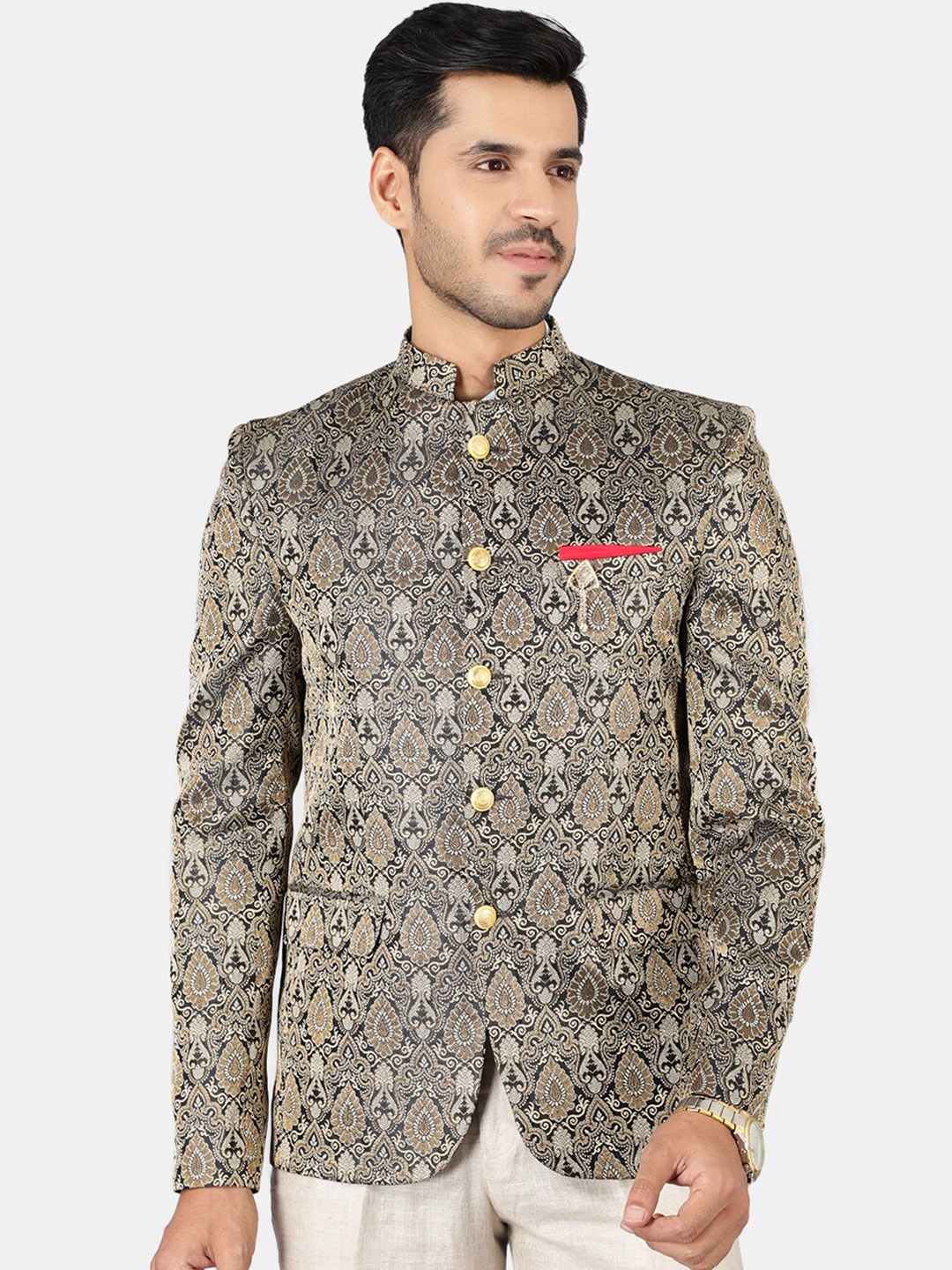 

Wintage Men Grey Woven Design Single-Breasted Bandhgala Blazers