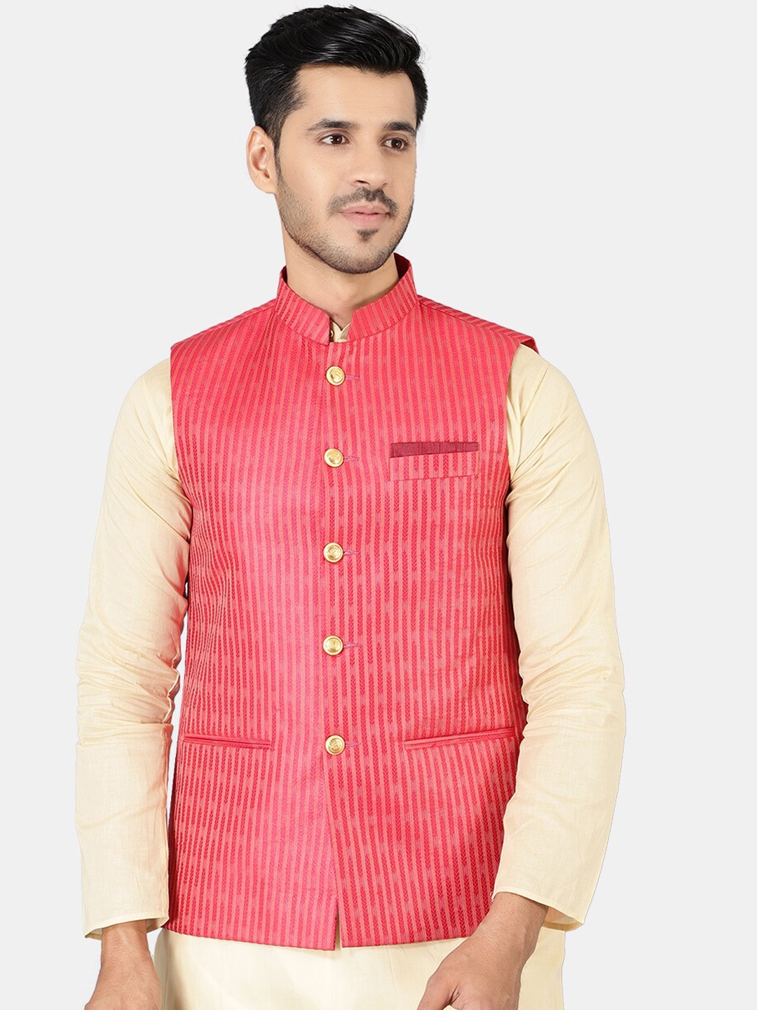

Wintage Men Red Woven Design Nehru Jackets