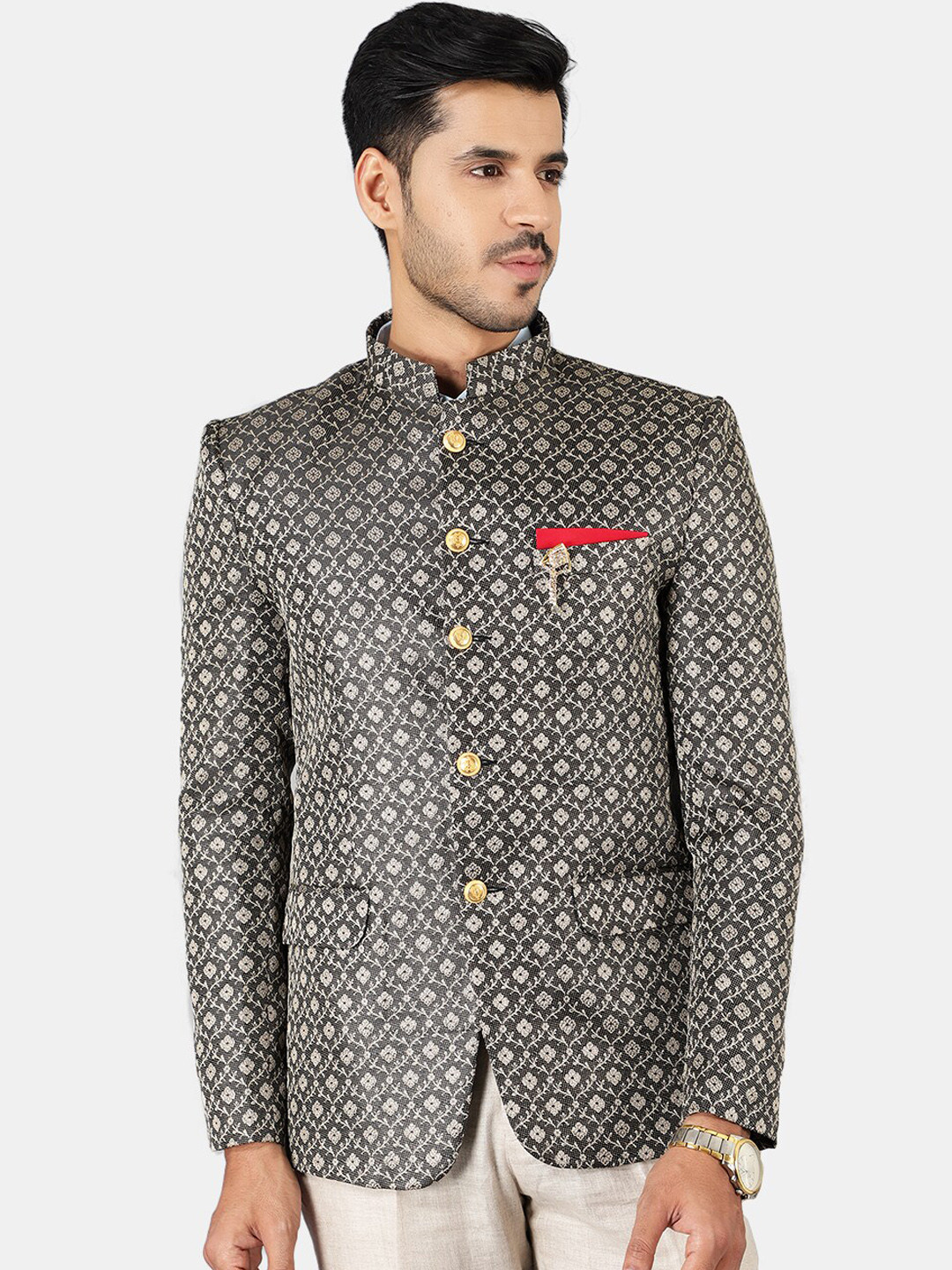 

Wintage Men Black & White Self Design Bandhgala Blazer