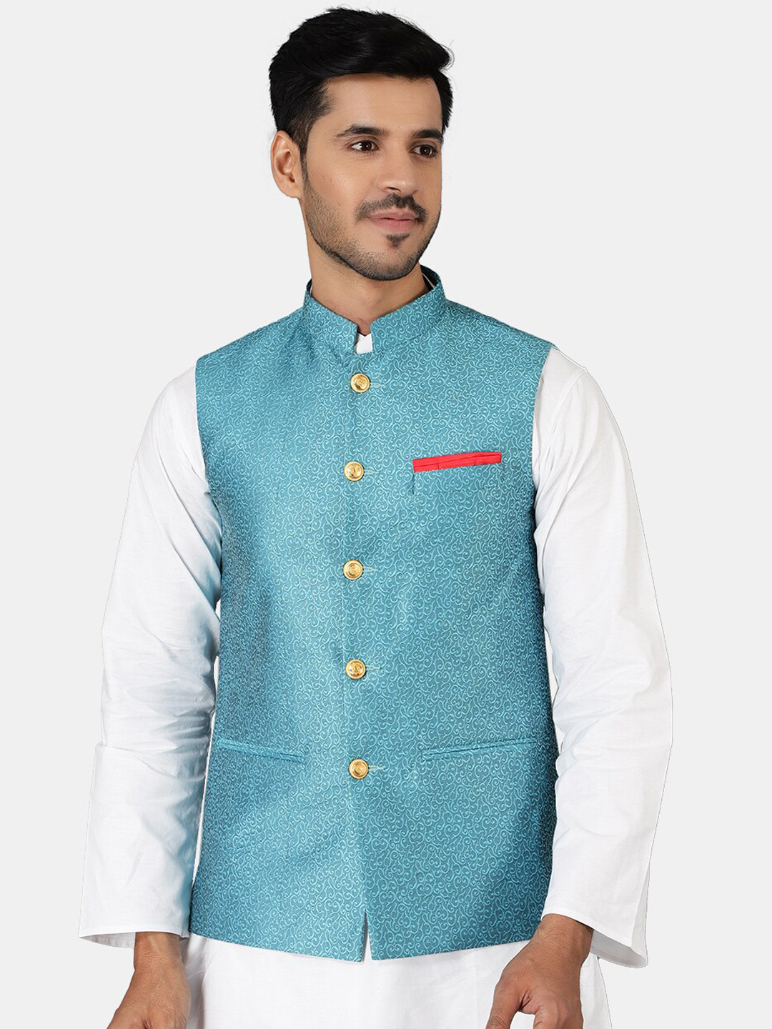 

Wintage Men Green Woven Design Nehru Jacket