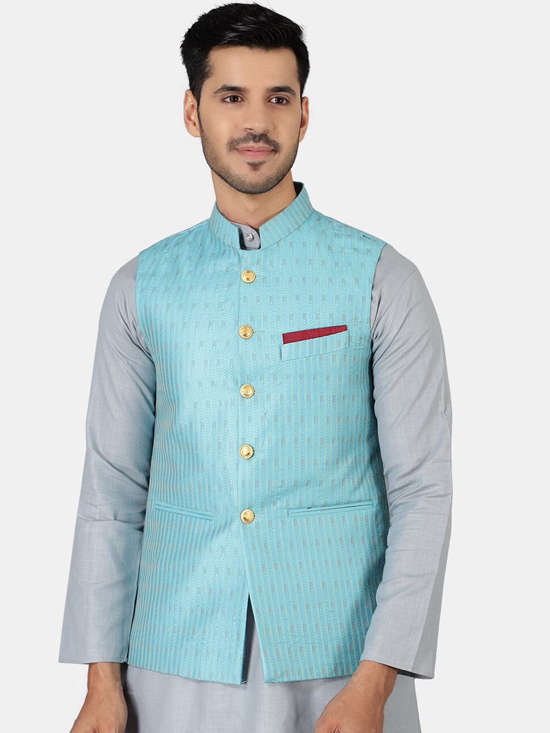 

Wintage Men Blue Printed Woven Nehru Jackets