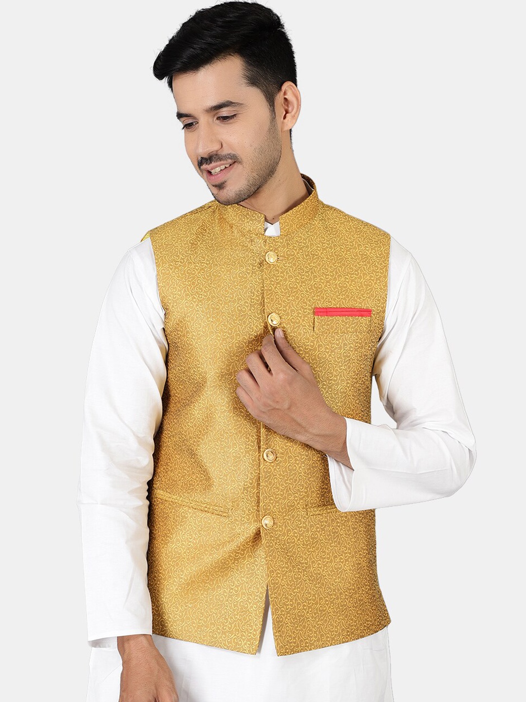 

Wintage Men Golden Woven Design Nehru Jackets, Gold