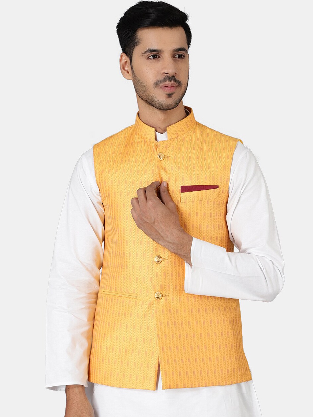 

Wintage Men Yellow Woven Design Nehru Jackets