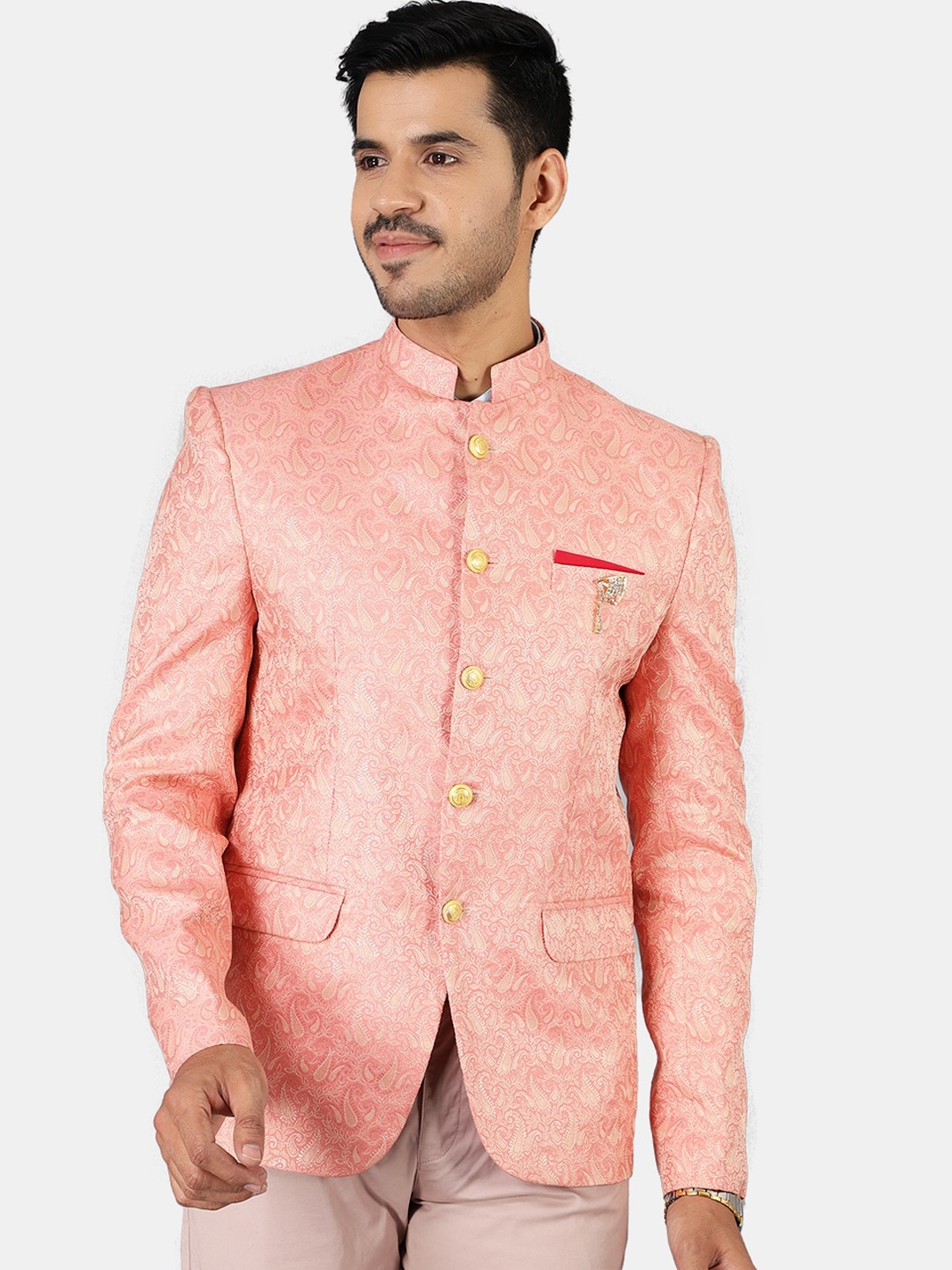 

Wintage Men Pink Woven Design Single Breasted Bandhgala Blazer