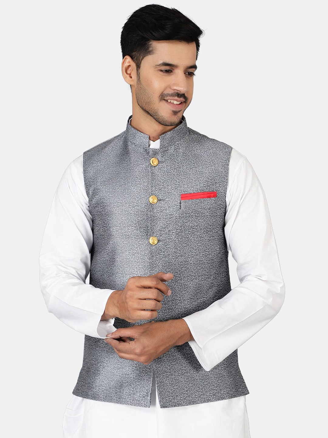 

Wintage Men Grey Woven Design Nehru Jackets
