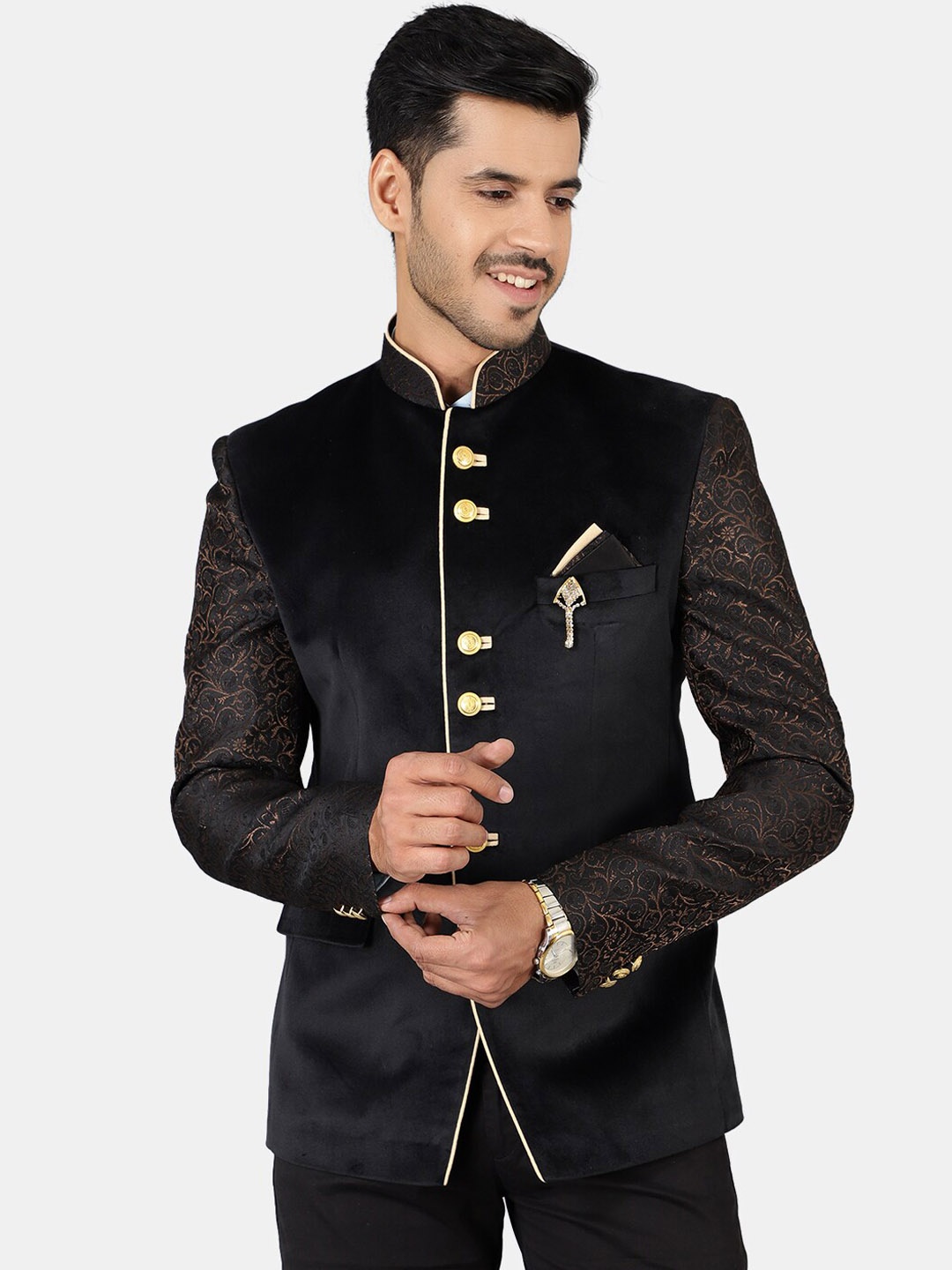 

Wintage Men Black Self-Design Regular Fit Bandhgala Blazer