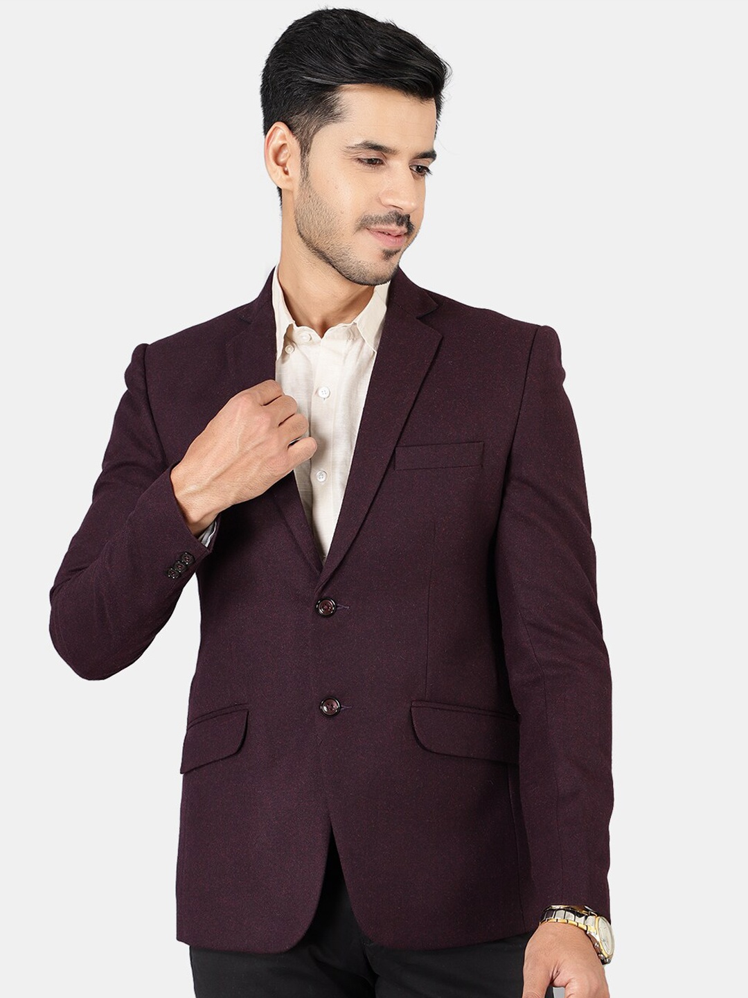 

Wintage Men Purple Solid Pure Woolen Single-Breasted Blazer