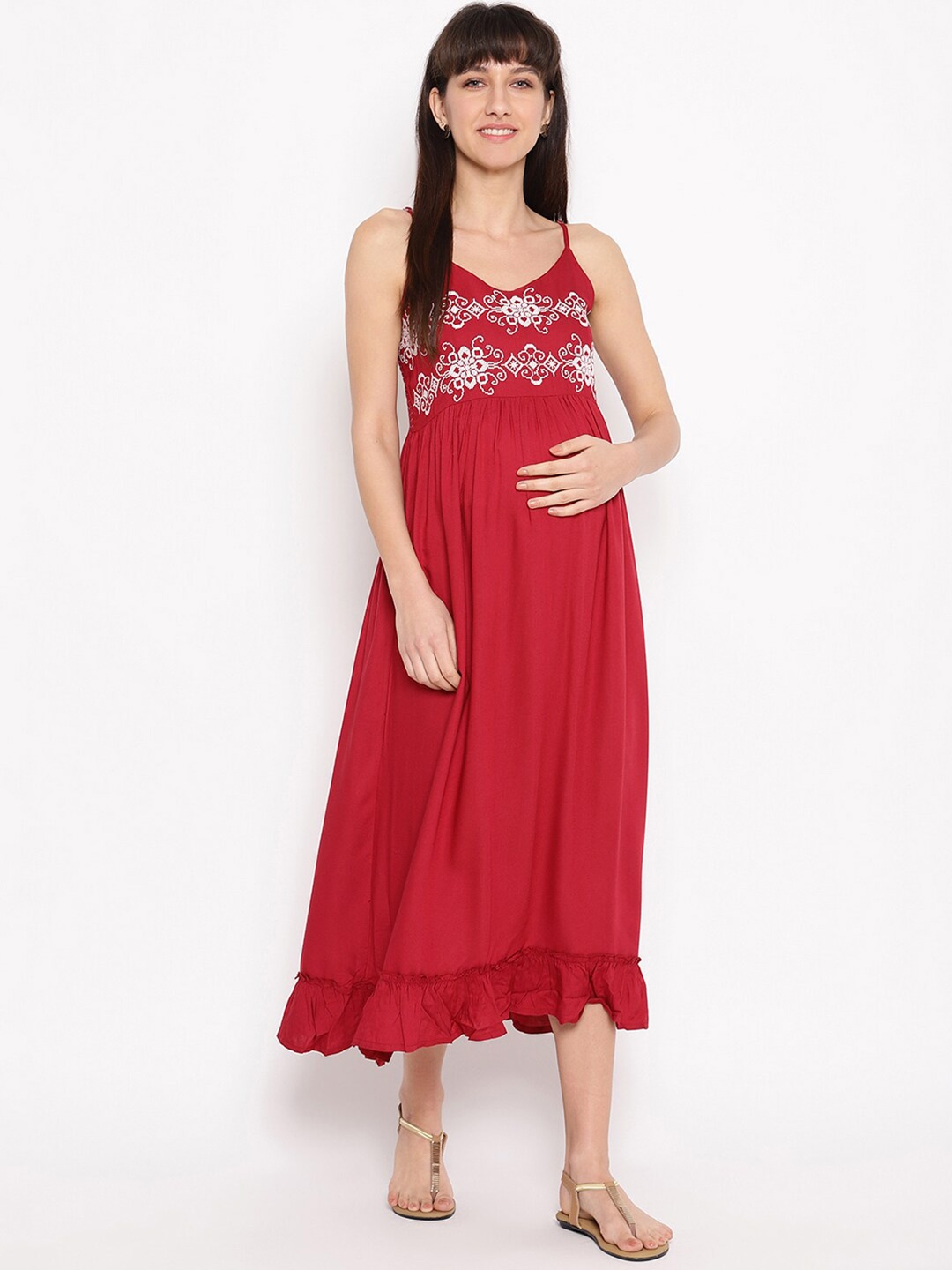 

The Vanca Red Ethnic Motifs Maternity Midi Dress