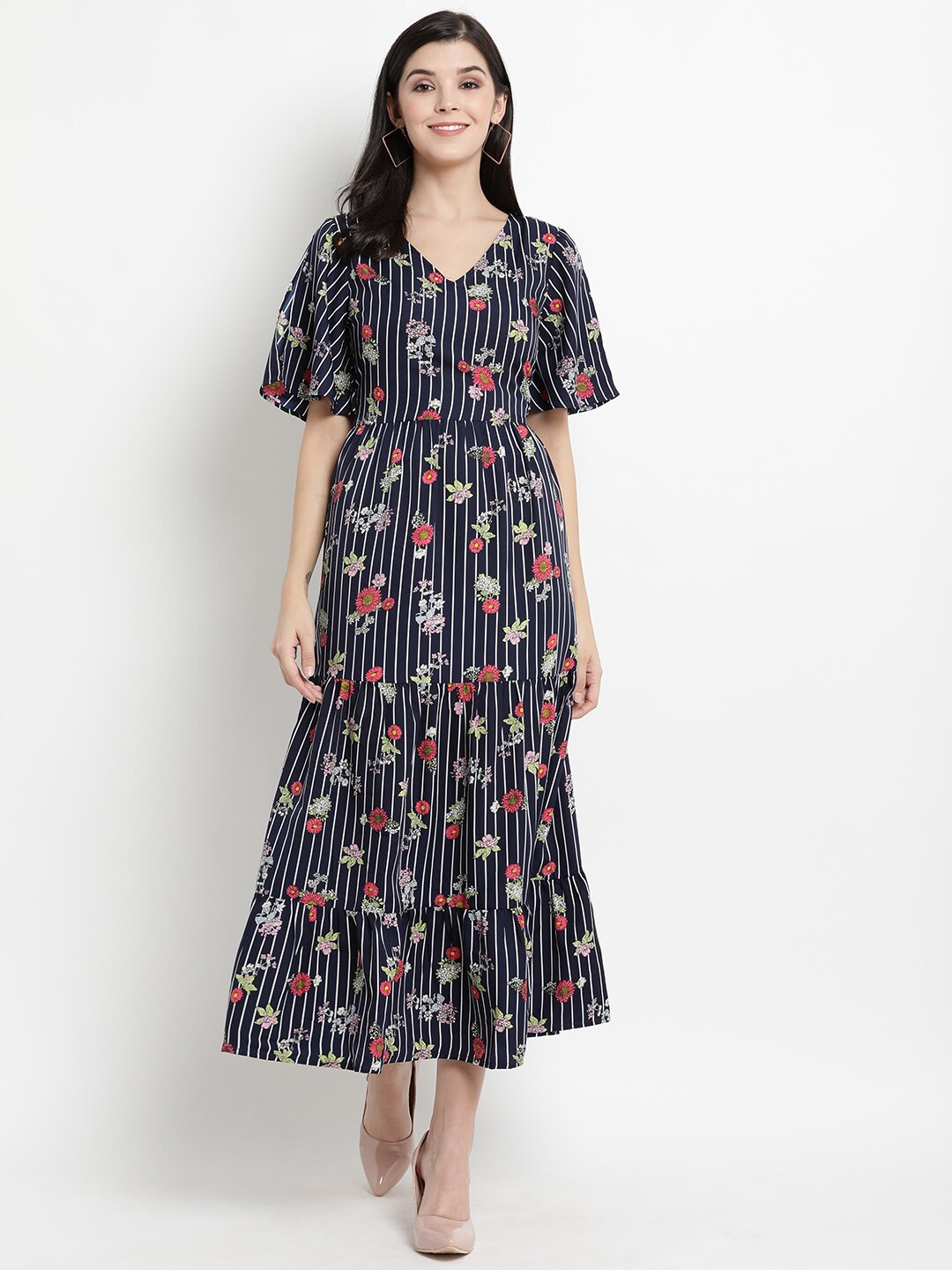 

The Vanca Women Navy Blue Printed Polyester Midi Dress