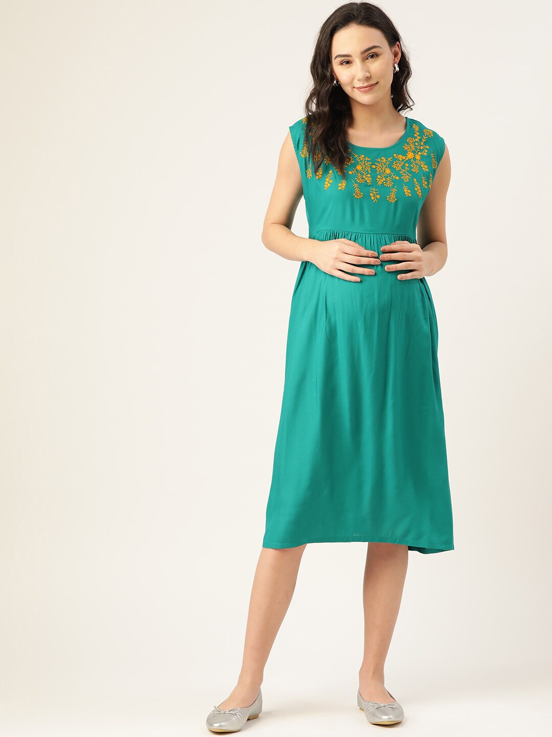 

The Vanca Women Green Floral Embroidered Maternity A-Line Dress