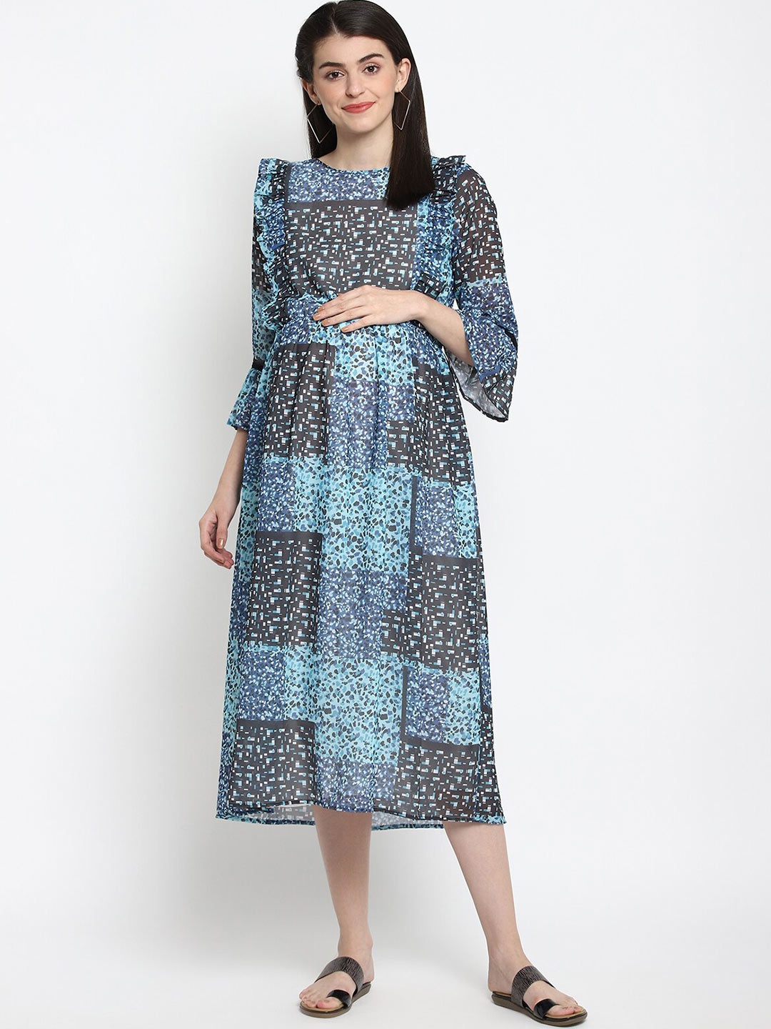 

The Vanca Blue & Black Printed Maternity Midi Dress