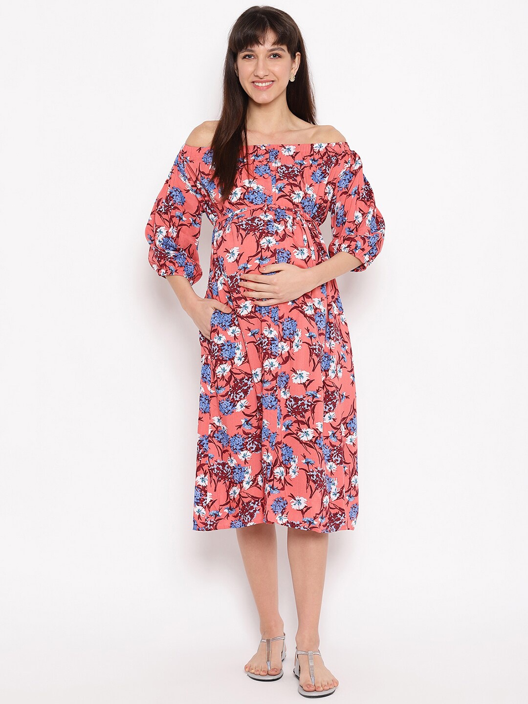 

The Vanca Pink & Blue Floral Printed Off-Shoulder Maternity Midi Dress