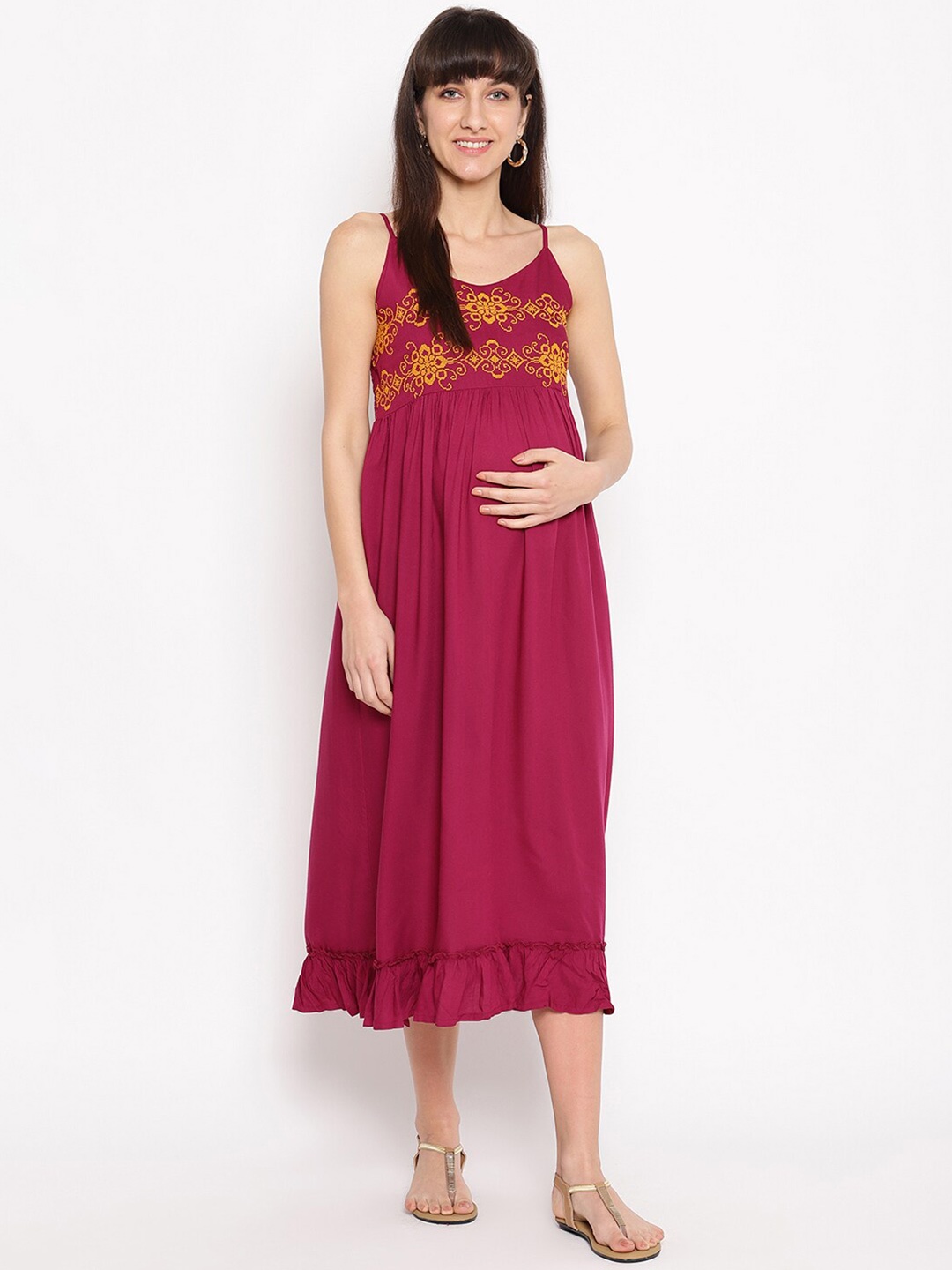 

The Vanca Red Embroidered Maternity Empire Midi Dress