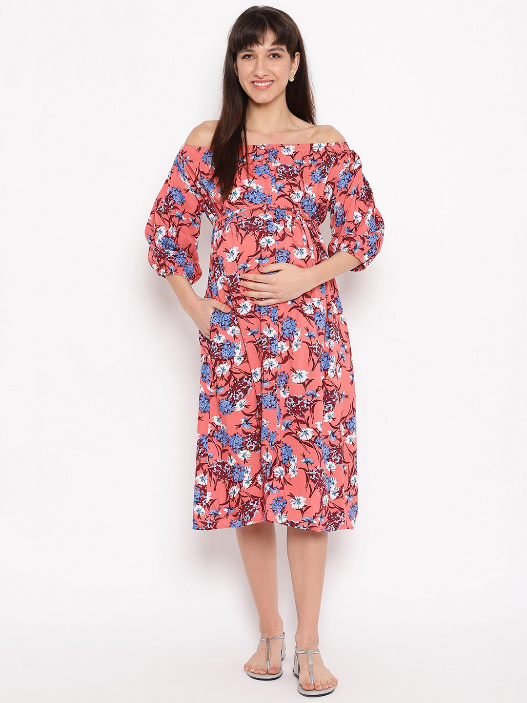 

The Vanca Pink Floral Off-Shoulder Maternity Midi Dress
