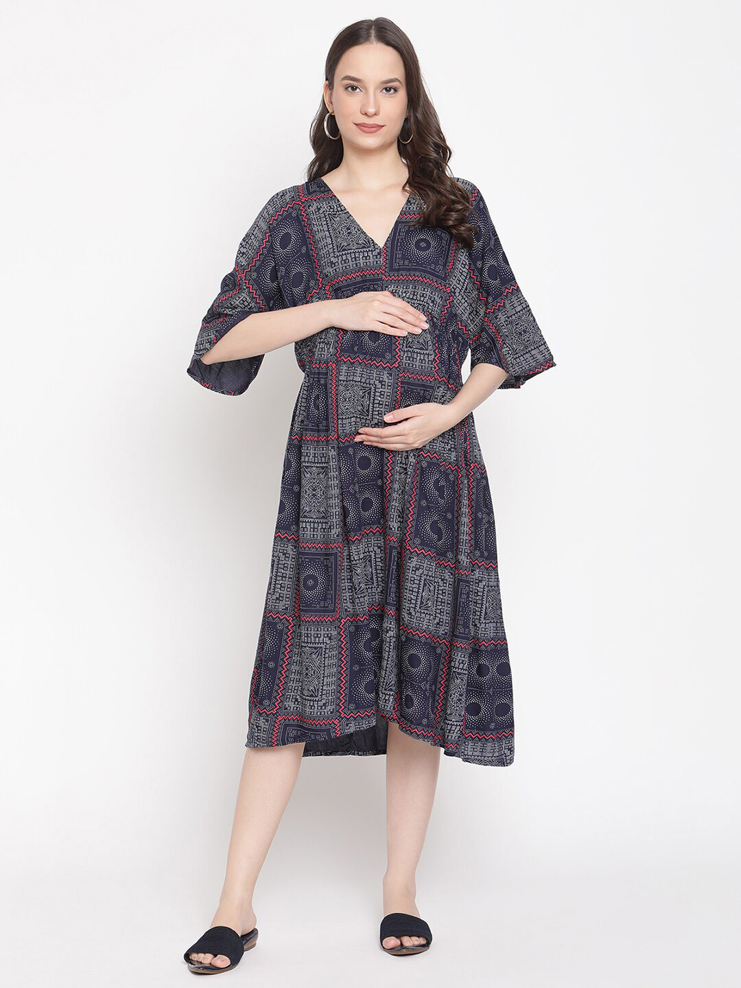 

The Vanca Women Blue Ethnic Motifs Printed Maternity Midi Dress