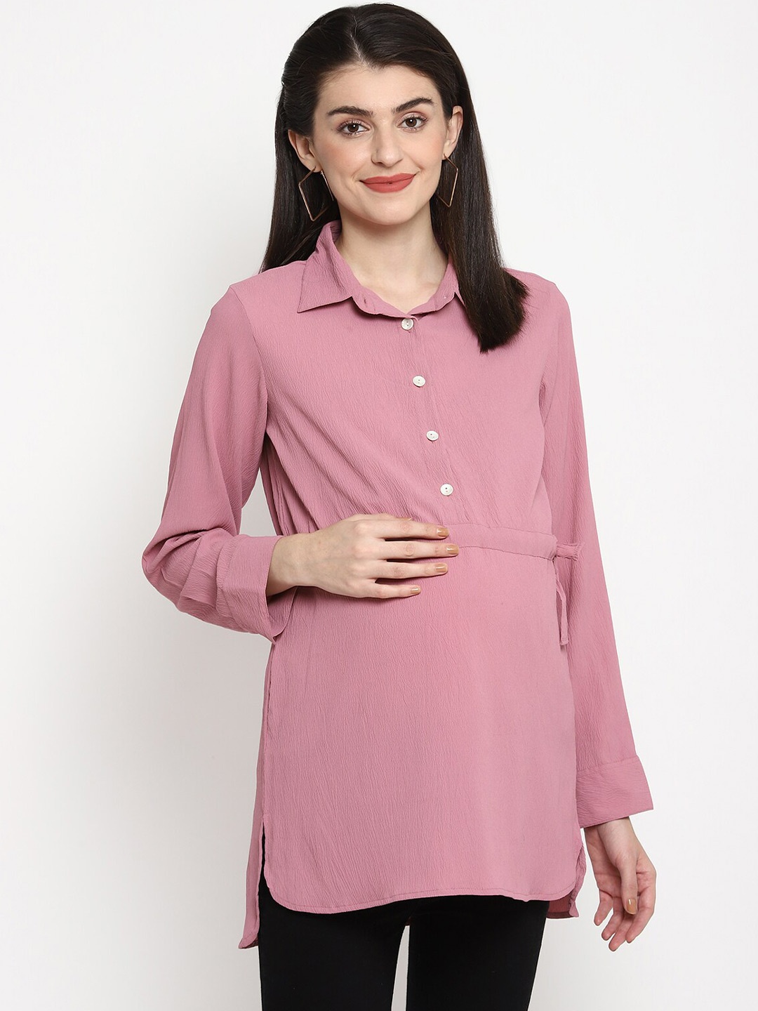 

The Vanca Women Pink Maternity Shirt Solid Style Longline Top