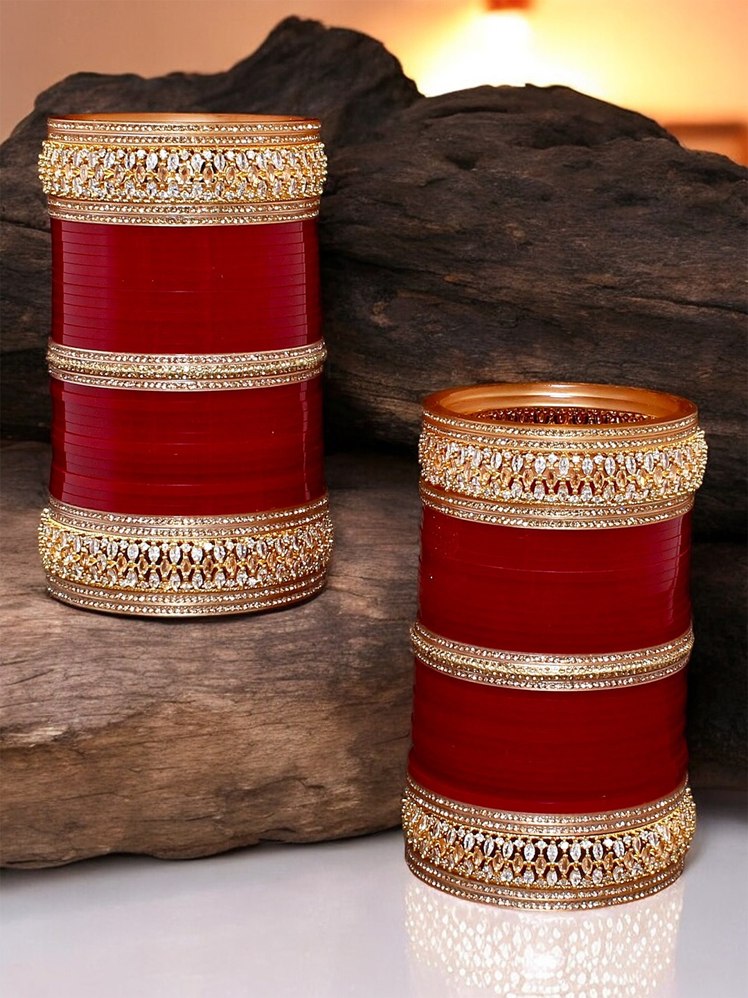 

LUCKY JEWELLERY Gold-Toned & Maroon AD Studded Bangles