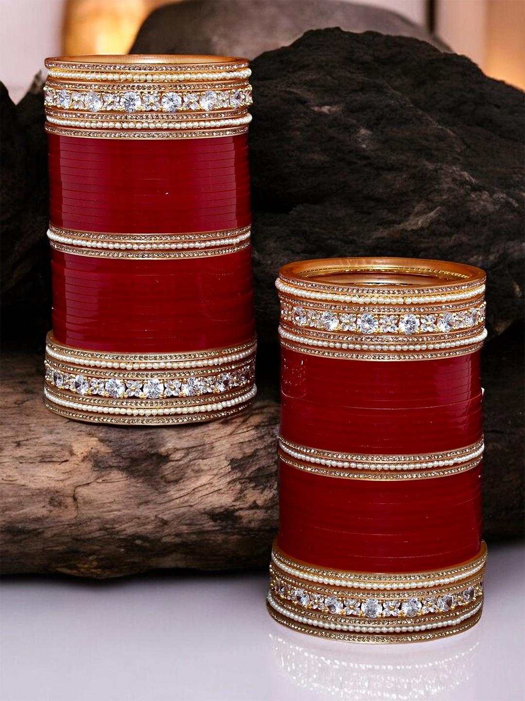 

LUCKY JEWELLERY Gold-Toned & Maroon AD-Studded Chuda Bangle Set