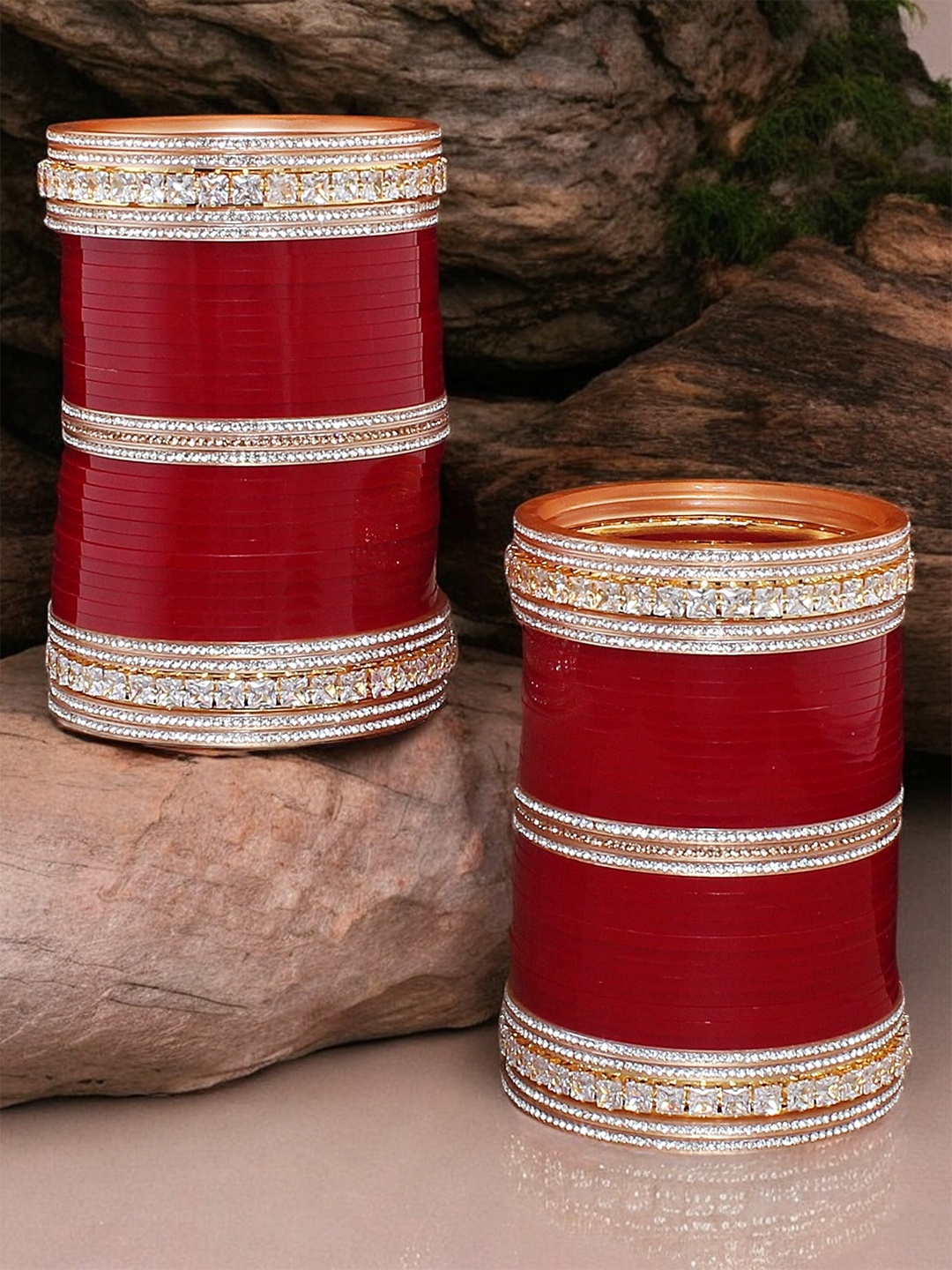 

LUCKY JEWELLERY Gold-Plated Red Stone-Studded Chura Bangle Set