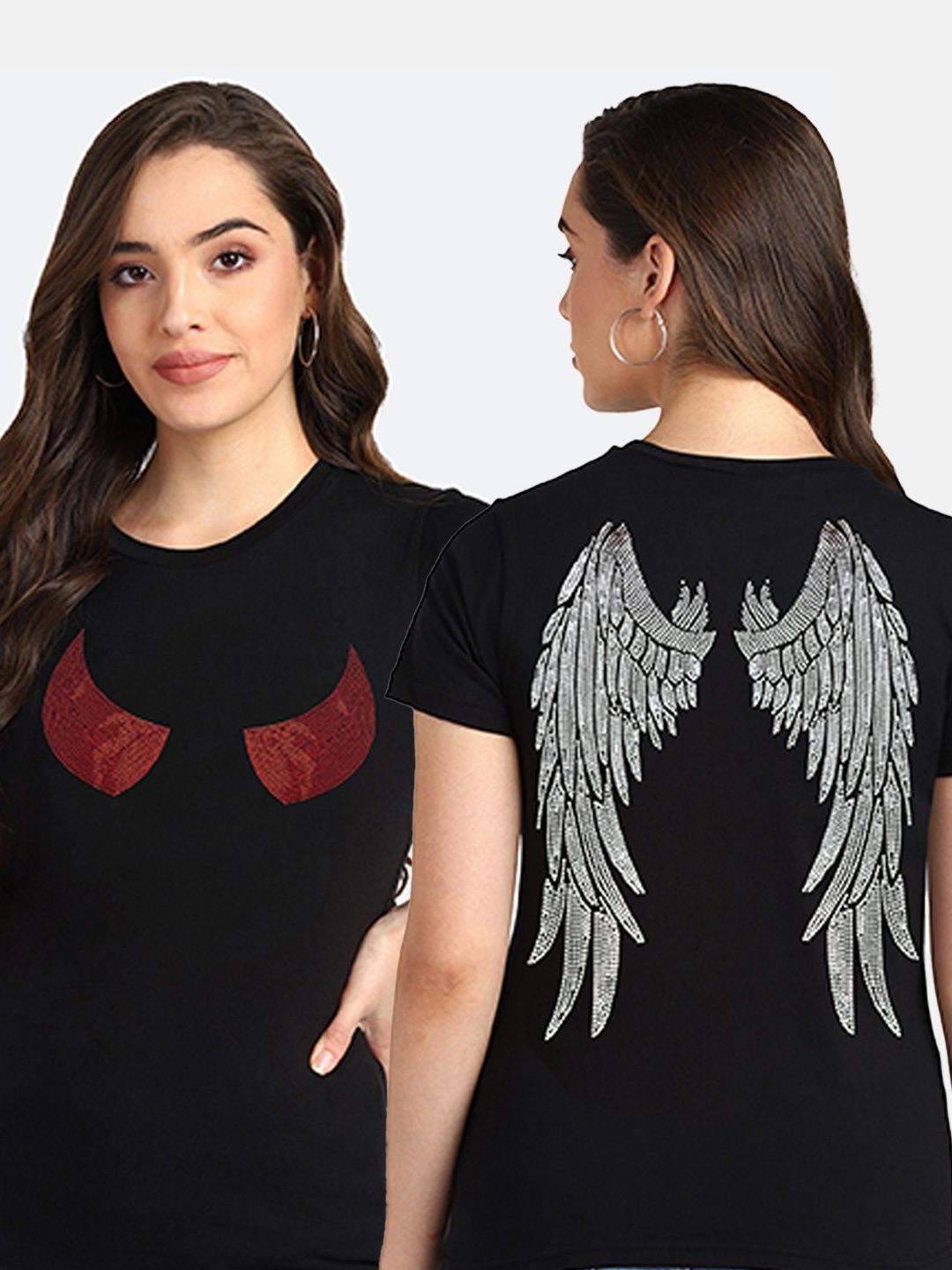 

shashvi Women Pack of 2 Black Printed CottonT-shirt