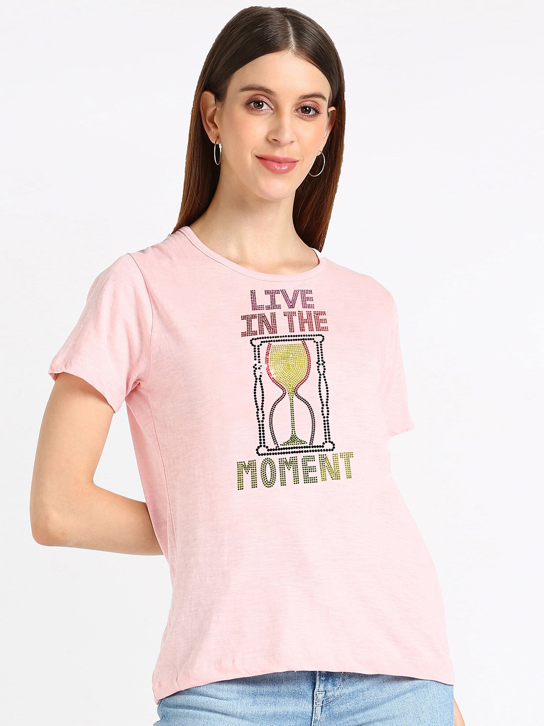 

shashvi Women Pink Printed Embellished Round Neck T-shirt