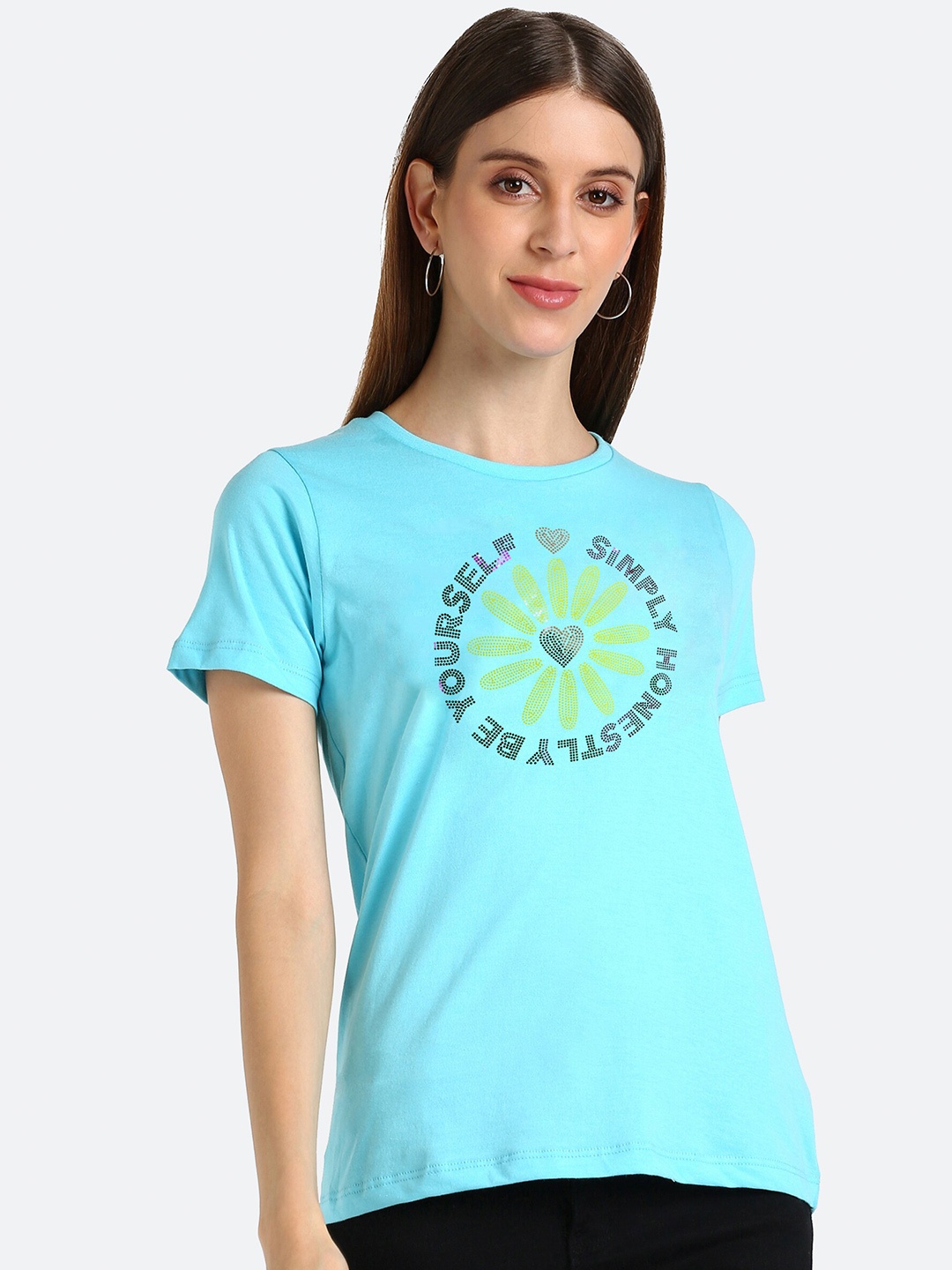 

shashvi Women Blue Cotton Embellished Typography Printed T-shirt