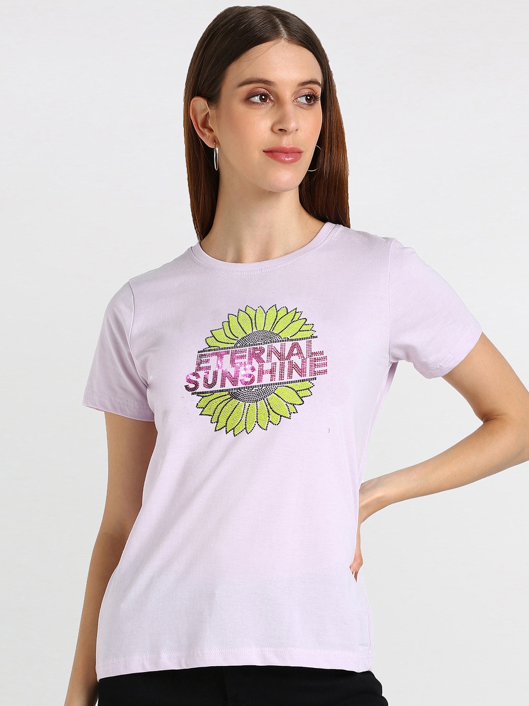 

shashvi Women Purple Embellished Cotton Round Neck T-shirt
