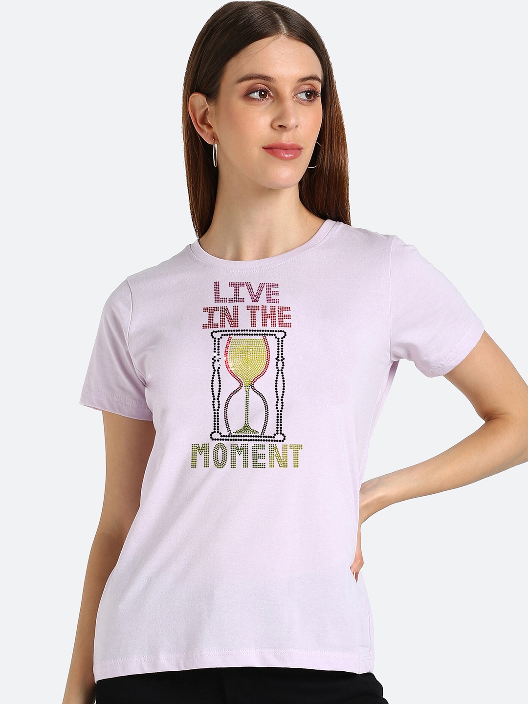shashvi Women Lavender Typography Printed T-shirt
