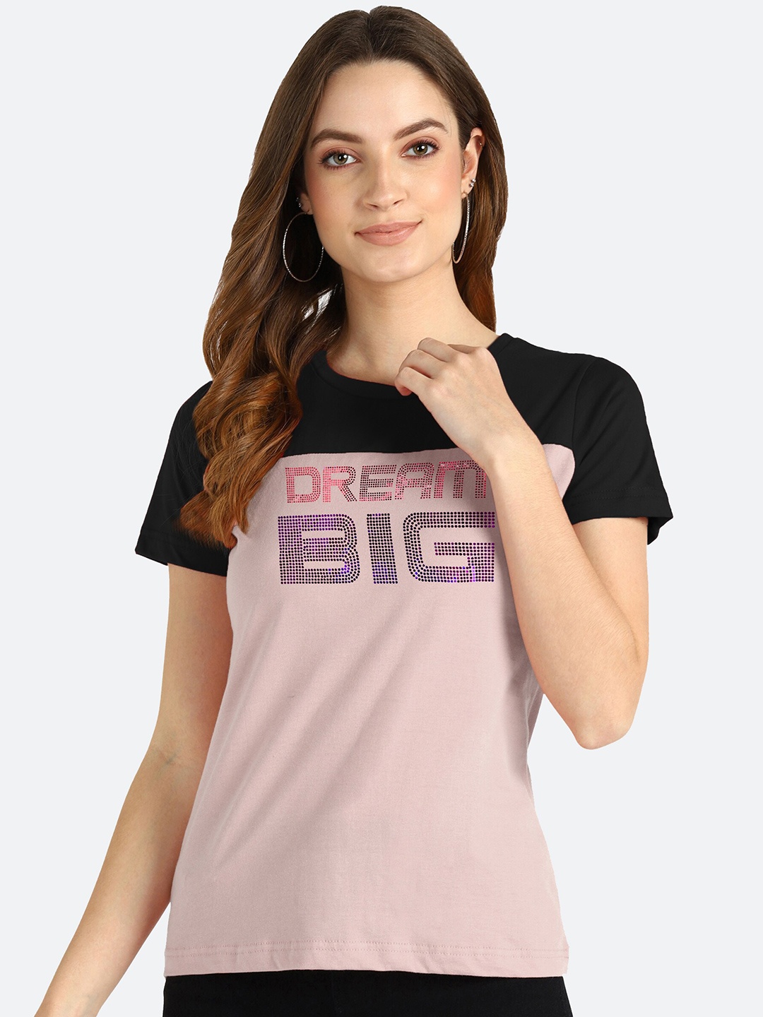 

shashvi Women Grey & Black Colourblocked Embellished T-shirt