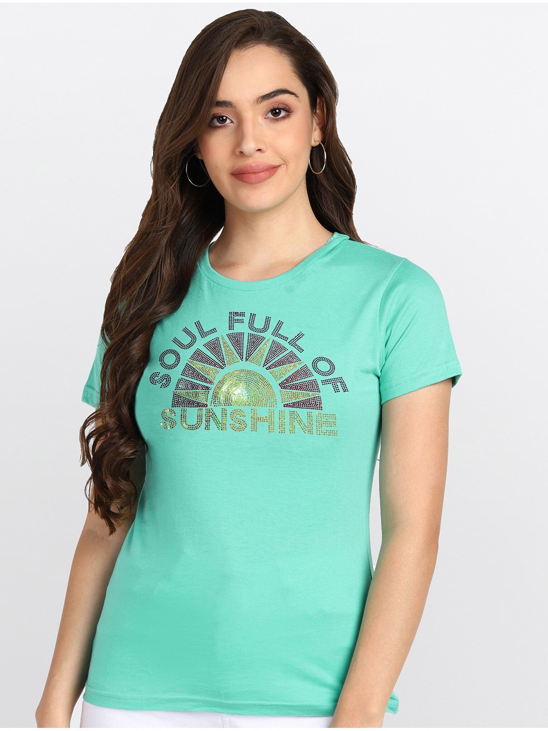 

shashvi Women Sea Green Typography Printed Cotton T-shirt