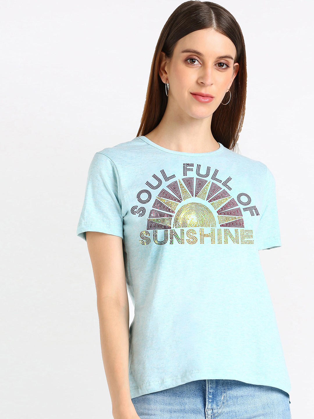

shashvi Women Turquoise Blue Typography Printed T-shirt