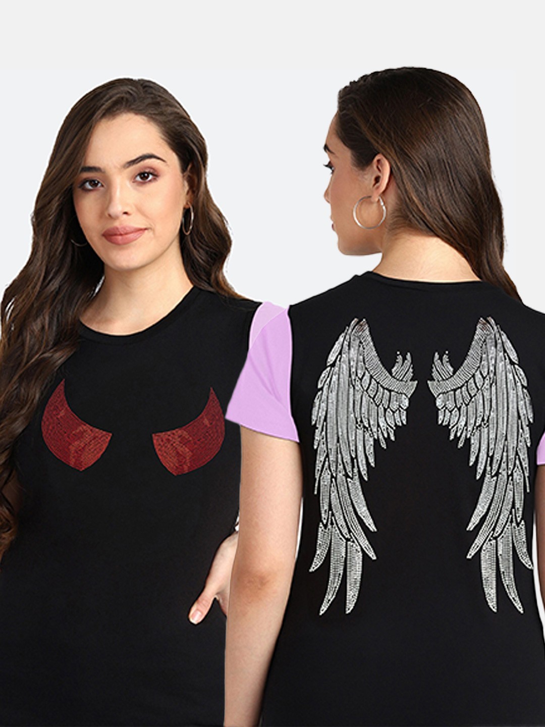 

shashvi Women Lavender & Black Printed Cotton T-shirt