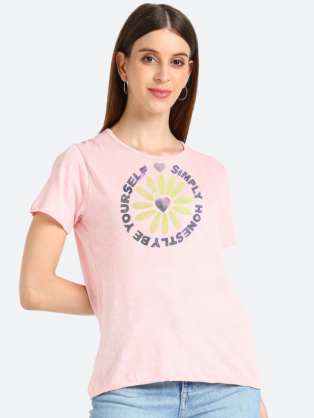 

shashvi Women Beige Typography Printed Cotton T-shirt