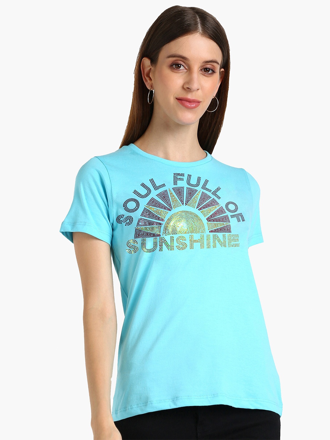 

shashvi Women Blue Cotton Embellished Typography T-shirt