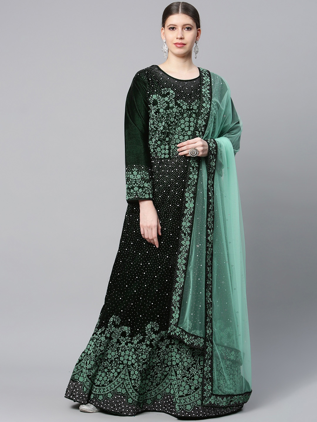 

CAMPAIGN TRENDS Green Embellished Velvet Semi-Stitched Dress Material