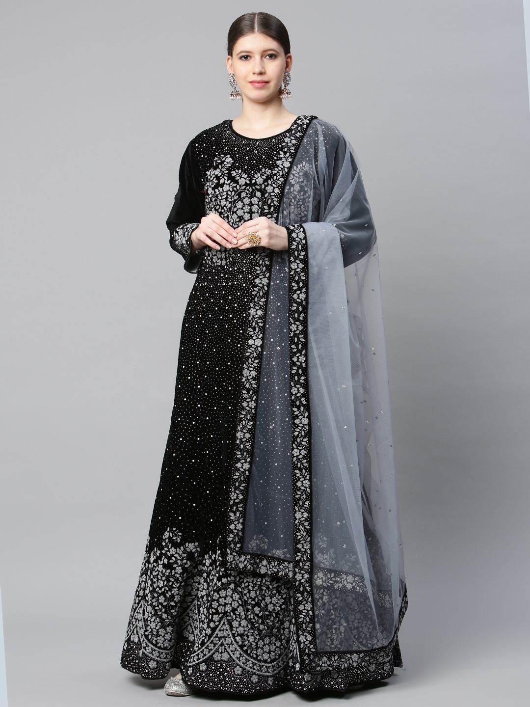 

CAMPAIGN TRENDS Black & Silver Embellished Velvet Semi-Stitched Dress Material