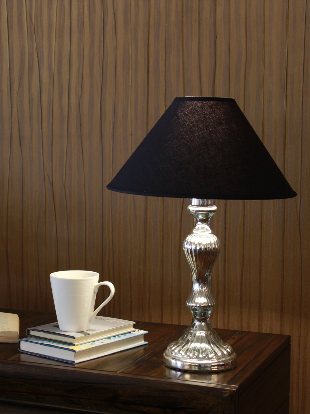 

THE LIGHT STORE Black & Steel-Toned Textured Bedside Standard Table Lamp with Shade