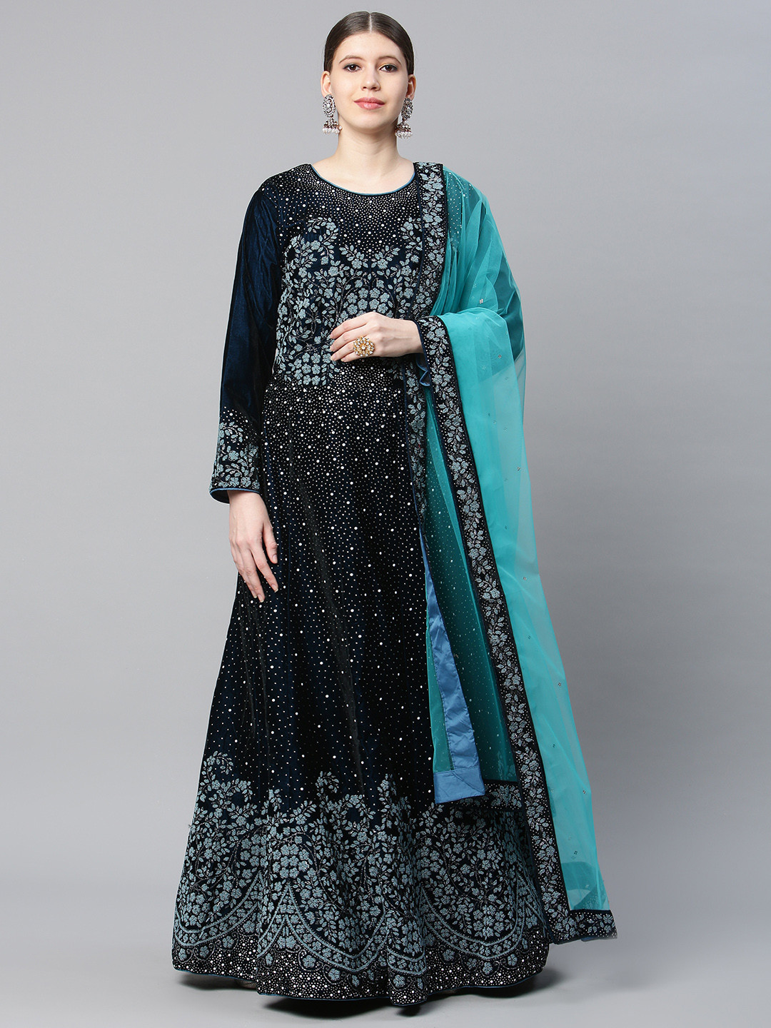 

CAMPAIGN TRENDS Blue Embellished Velvet Semi-Stitched Dress Material