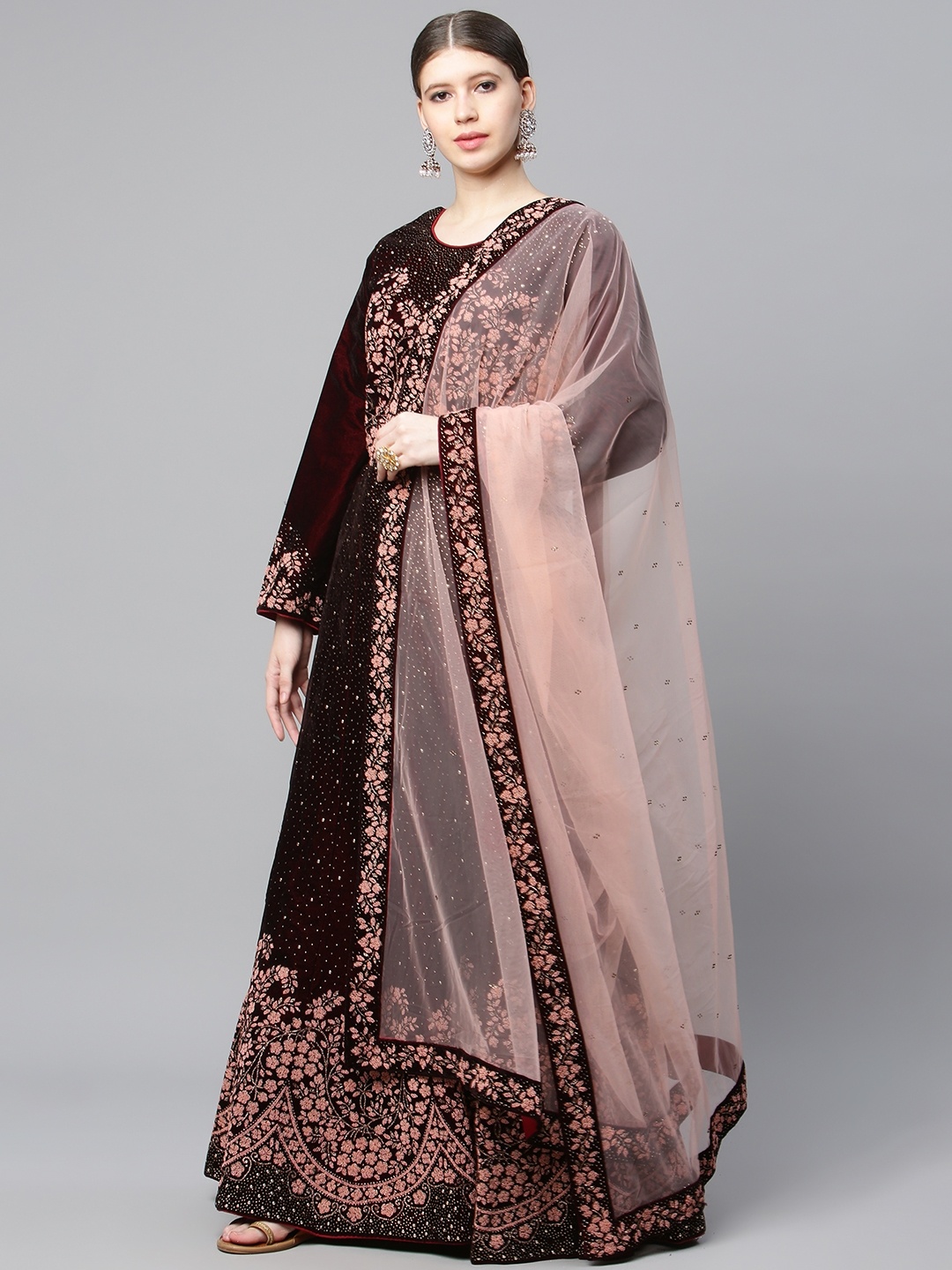 

CAMPAIGN TRENDS Maroon & Peach-Coloured Embellished Velvet Semi-Stitched Dress Material