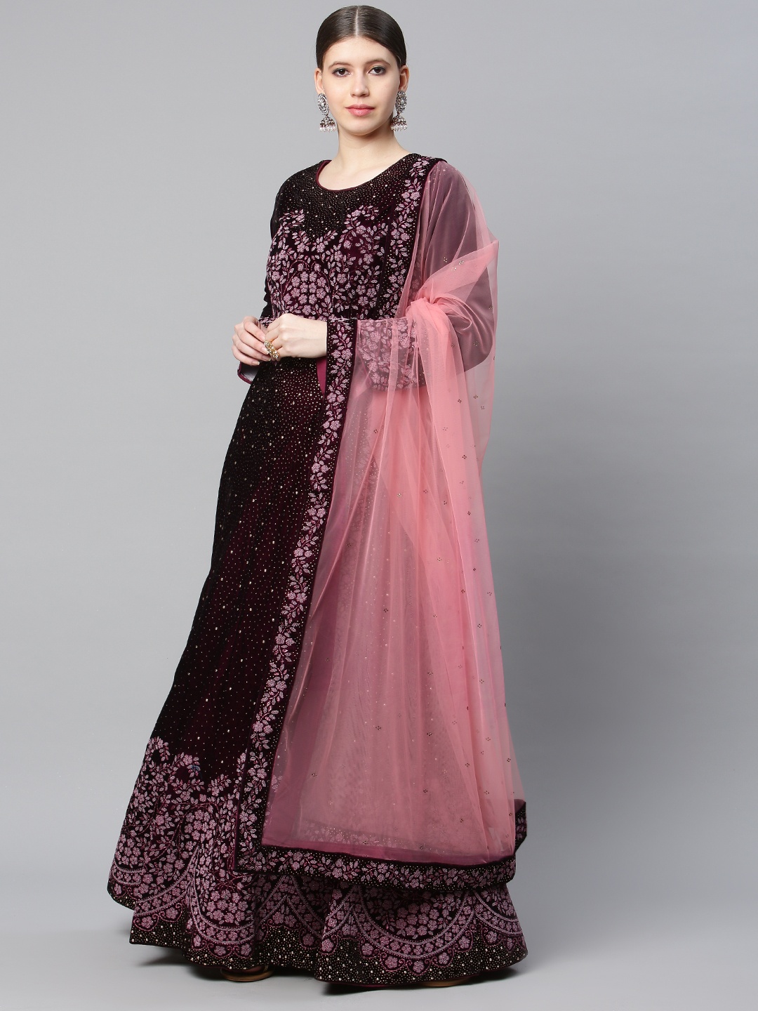

CAMPAIGN TRENDS Burgundy Embellished Velvet Semi-Stitched Dress Material