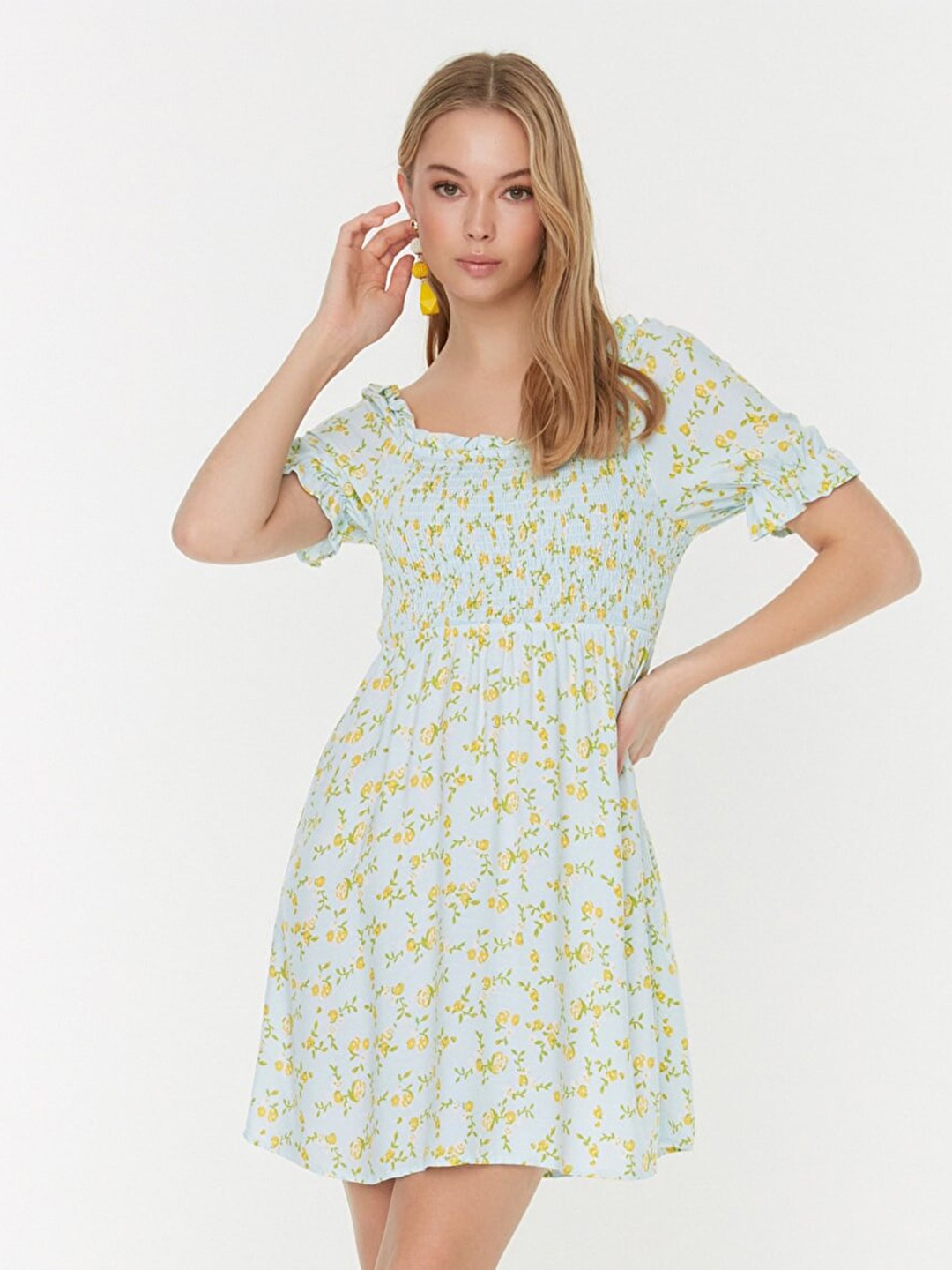 

Trendyol Women Blue & Yellow Floral Printed Fit & Flare Dress