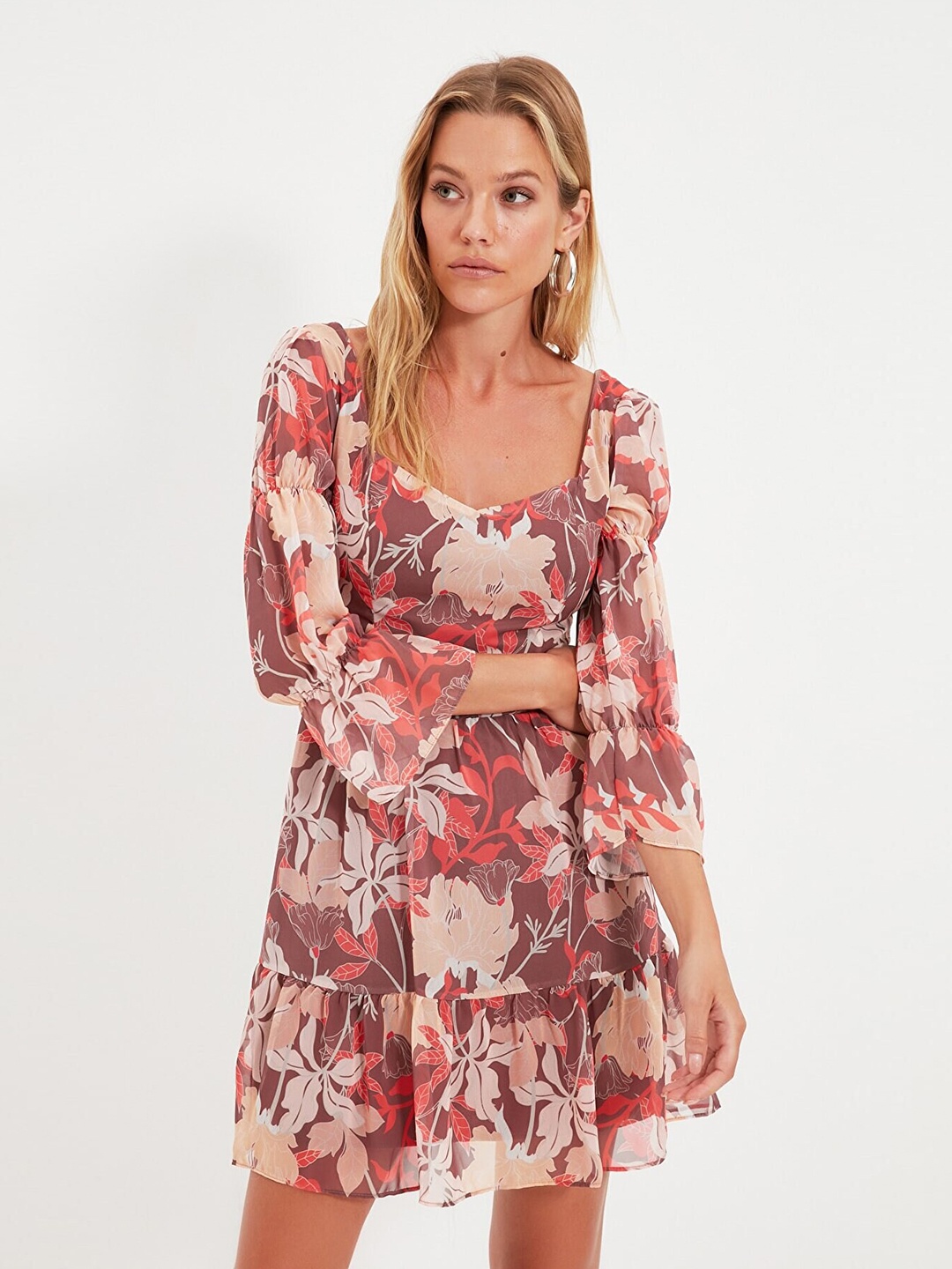

Trendyol Brown & Beige Floral Fit & Flare Dress