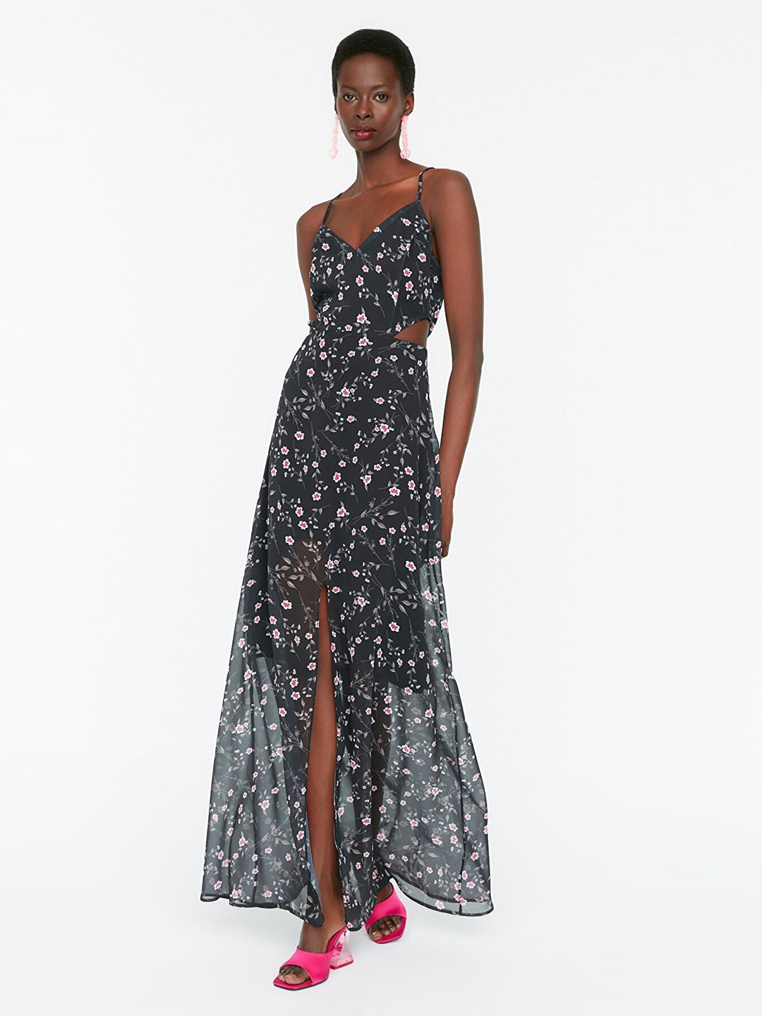 

Trendyol Women Charcoal Floral Print Maxi Shoulder Strap Dress
